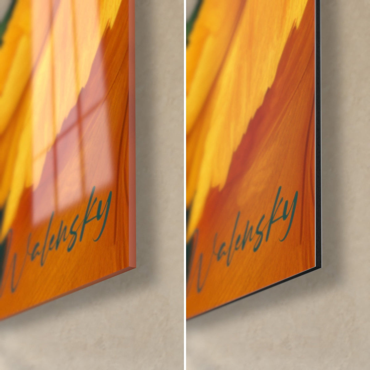 Quadro fiore frattale giallo e arancio, angolo in basso a destra: vetro acrilico lucido a sinistra, alluminio Dibond opaco a destra, spessore 3 mm