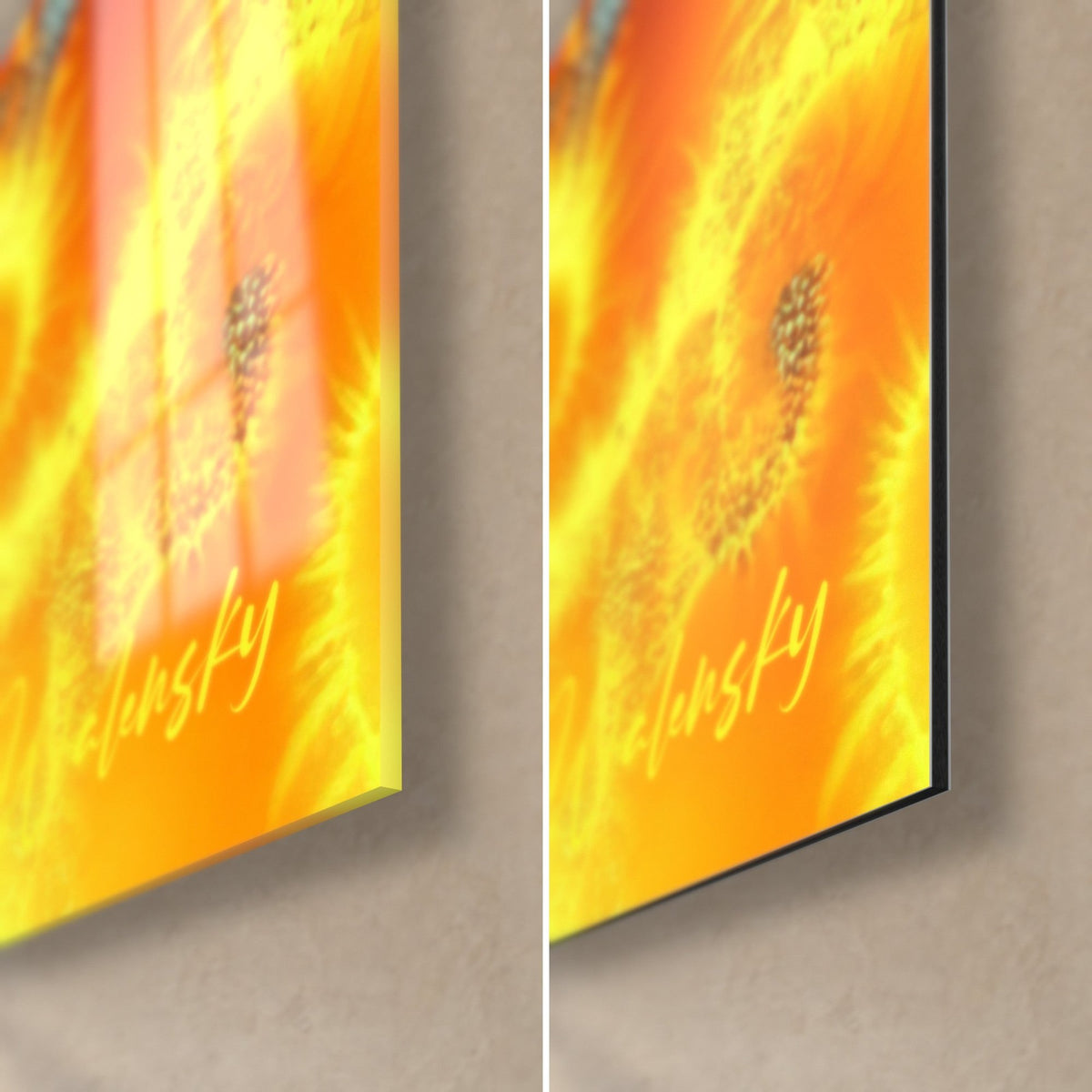 Gemälde mit flammender Fraktalform, untere rechte Ecke in Goldgelb und Orange, glänzendes Acrylglas und schwarze Dibond-Kante