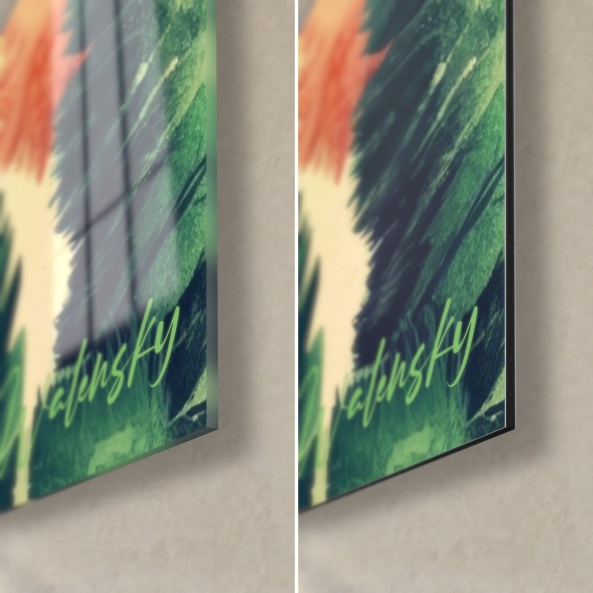 Tableau feuillage kaléidoscope vert sombre et orangé, coin bas droit : verre acrylique brillant à gauche, Dibond mat à droite