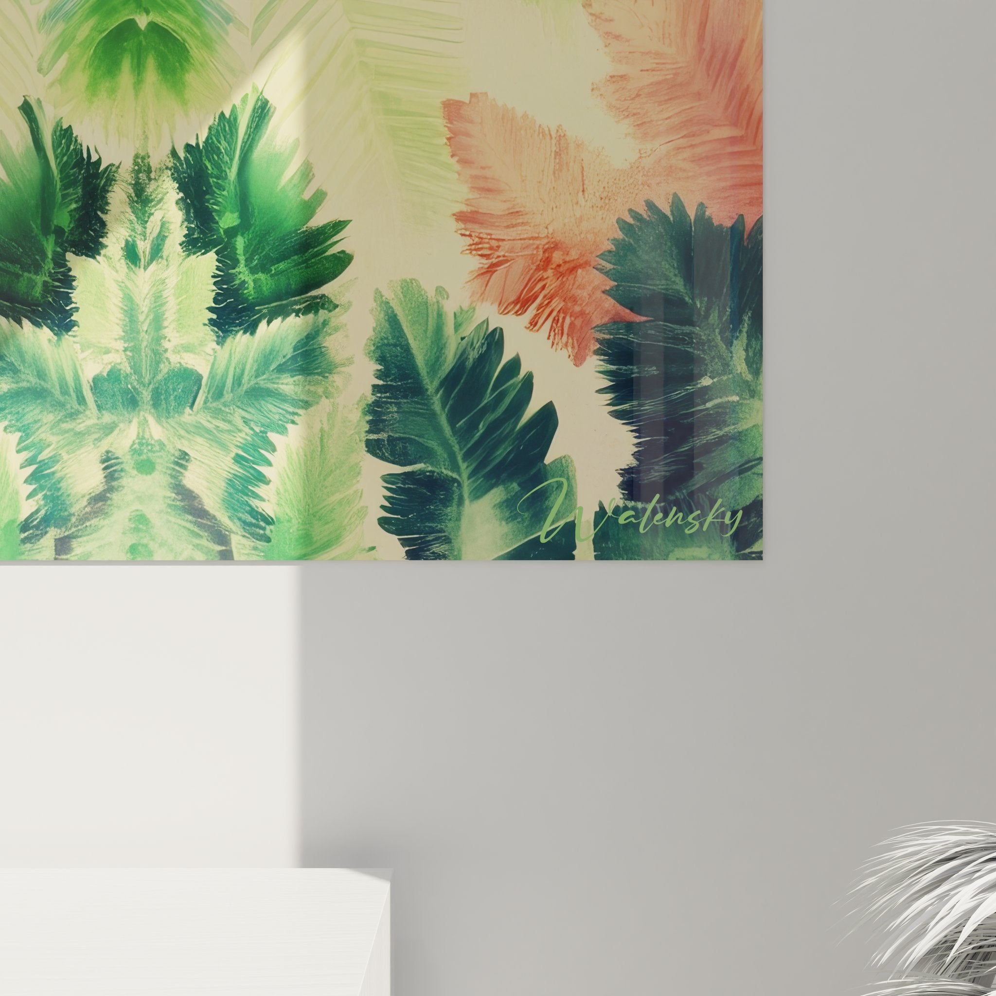 Vue ensemble tableau mural fractale végétal tropical aux nuances vertes et roses corail