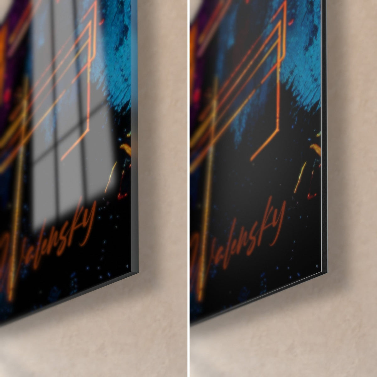 Schilderij zwarte geometrische kunst, rechtsonder: oranje signatuur op glanzend acrylglas links, mat Dibond-aluminium rechts
