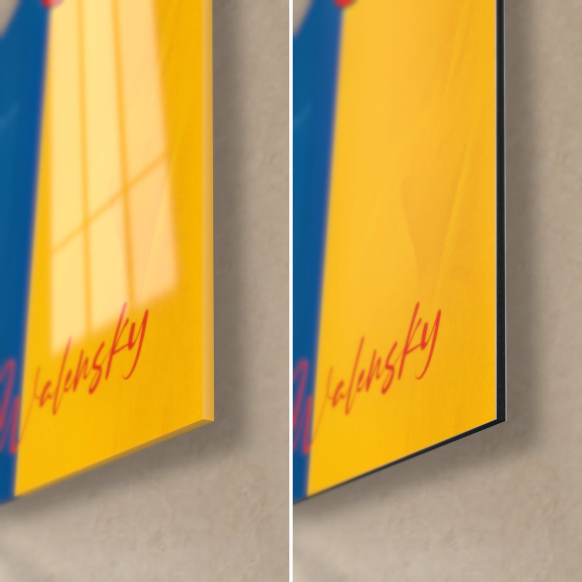 Tableau aplat jaune vif, signature Walensky rouge, coin bas droit : verre acrylique brillant à gauche, Dibond noir mat à droite