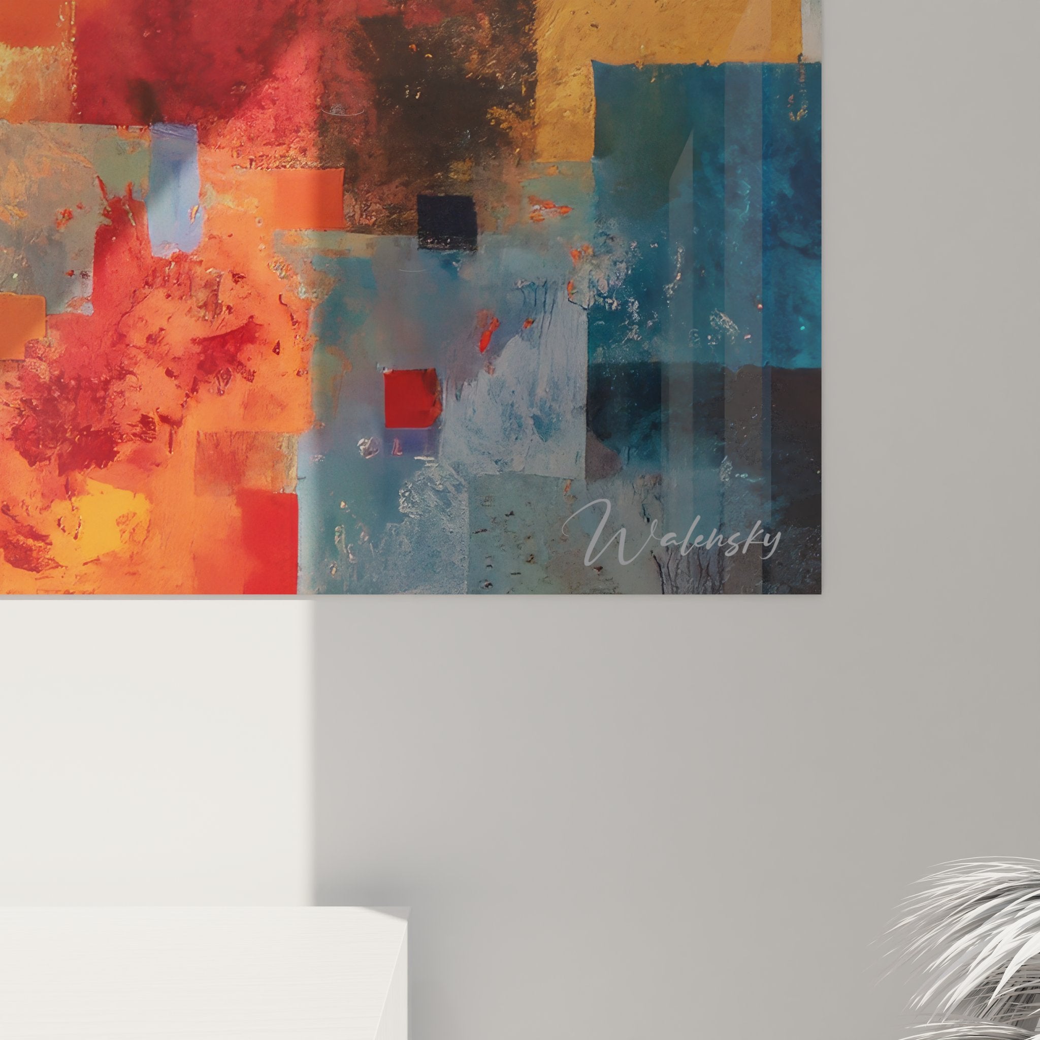Vue ensemble tableau mural géométrique abstrait mosaïque composition colorée design