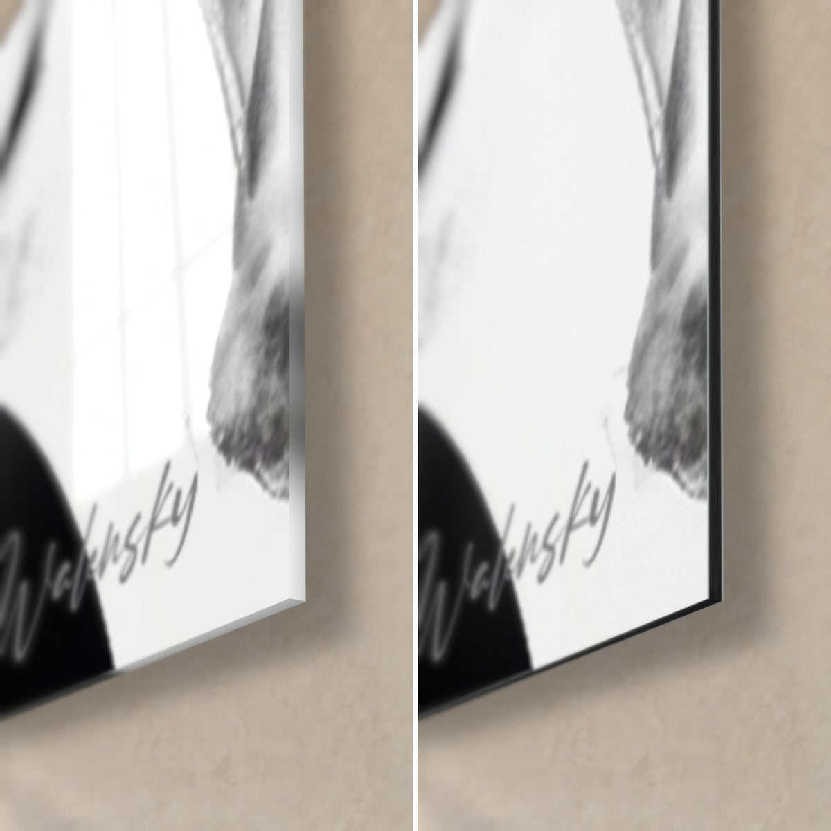 Tableau anneaux noirs et signature Walensky grise, coin bas droit : verre acrylique brillant, alu Dibond mat, tranche de 3 mm