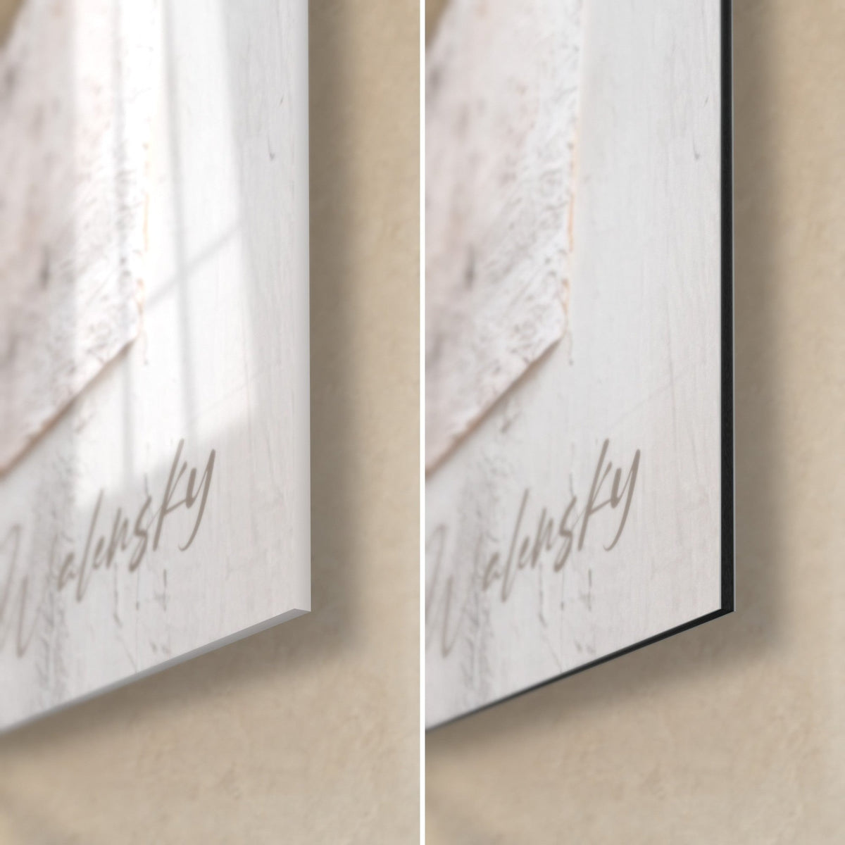 Quadro con cerchi e rettangoli beige e bronzo, angolo in basso a destra in vetro lucido e Dibond nero opaco, spessore 3 mm