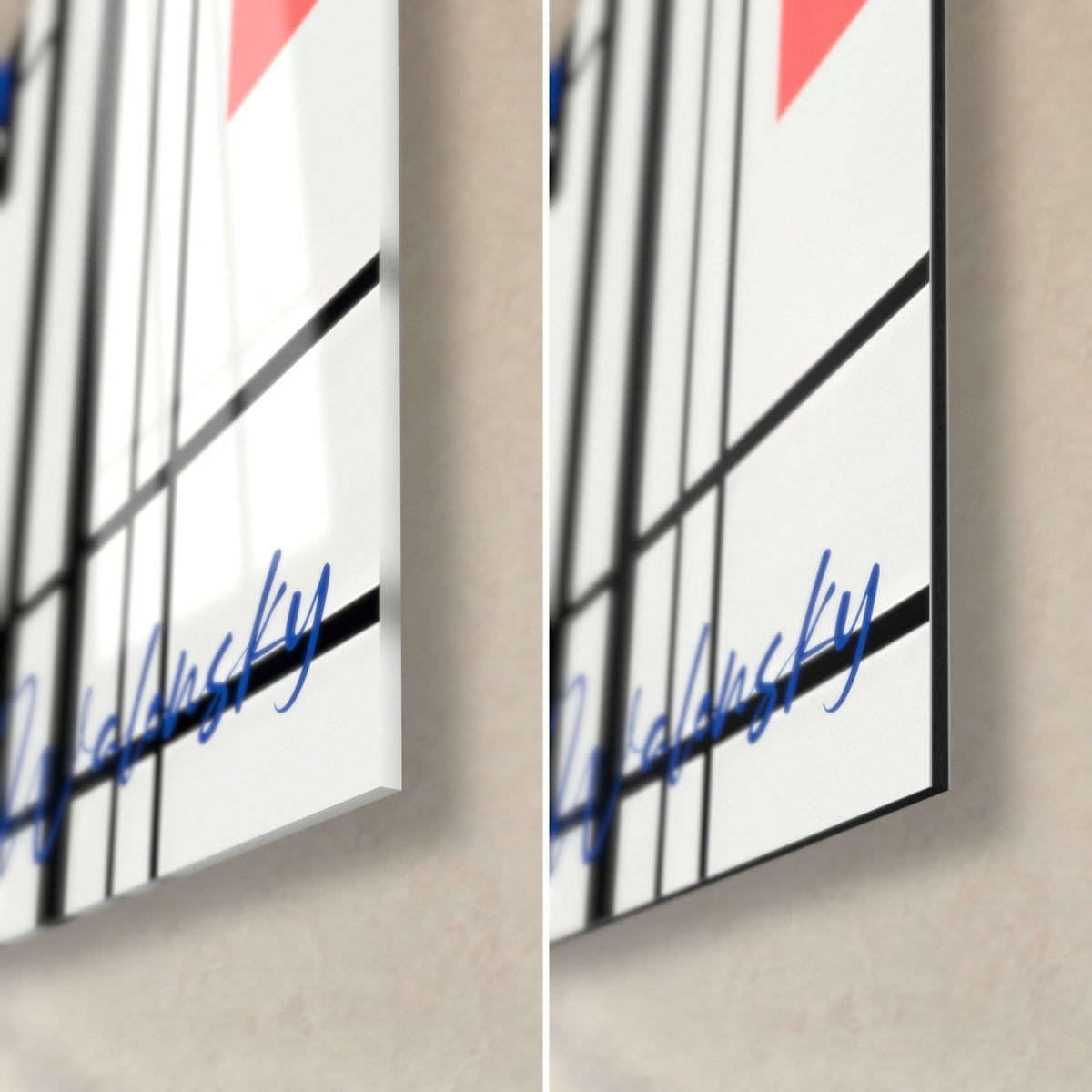 Tableau grille noire sur fond blanc, coin bas droit : verre brillant à gauche, Dibond mat à droite, signature bleue et tranche