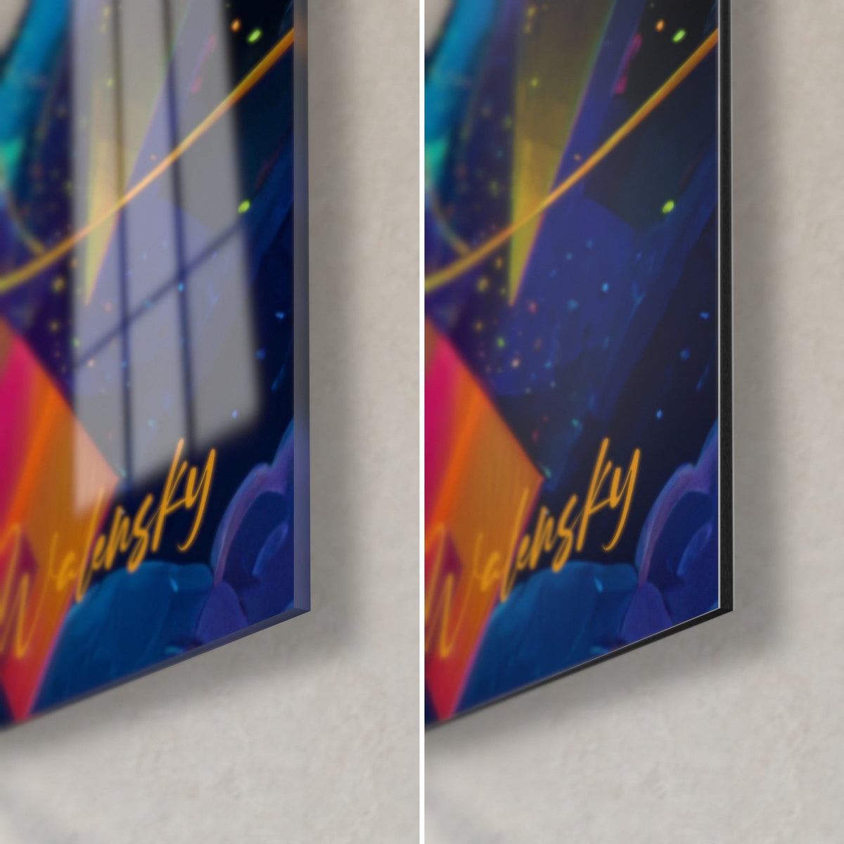 Wall art cosmic geometric shapes, bottom right corner: reflections on bright glass, matte navy blue Dibond, 3 mm edge