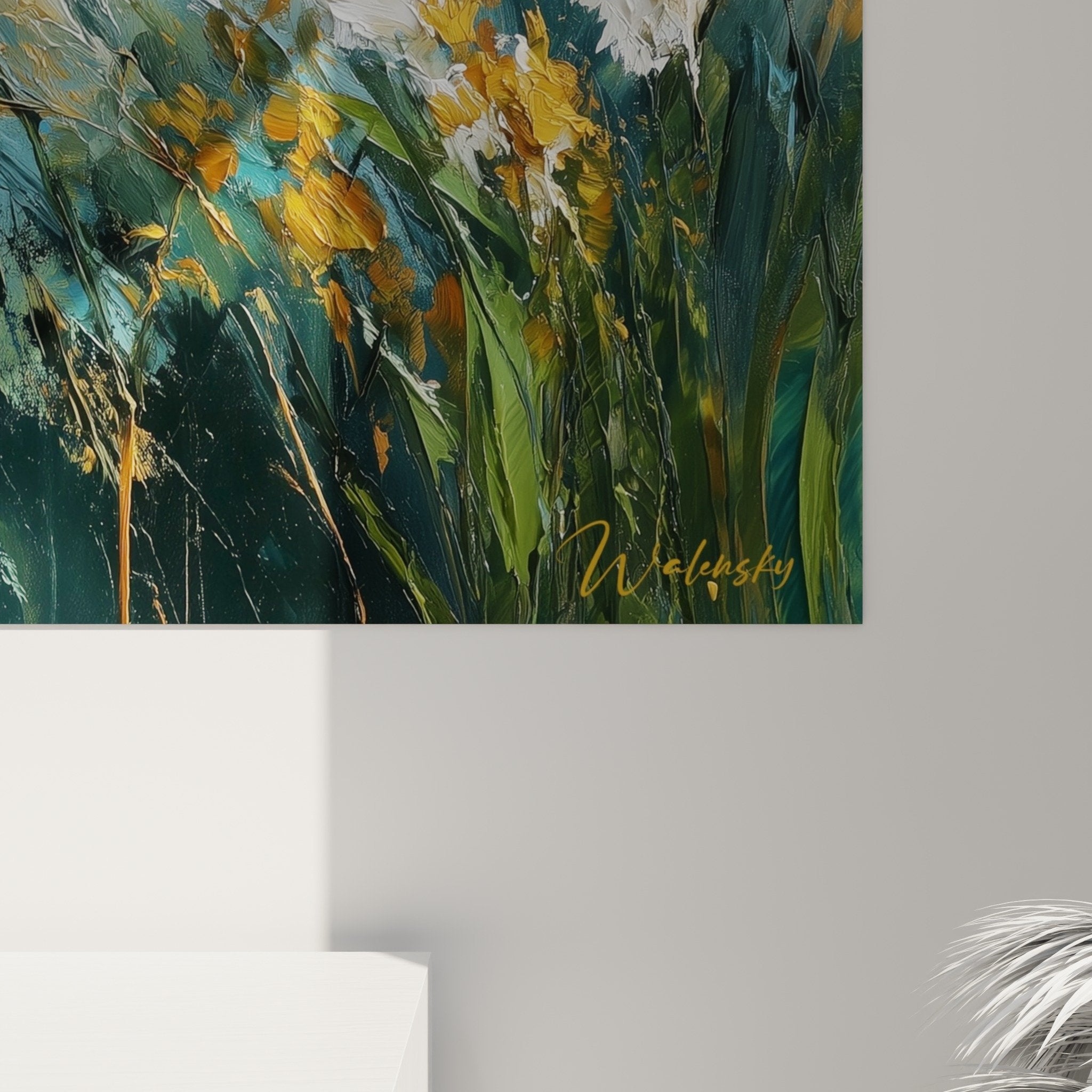 Full view abstract turquoise grasses wall art in modern interior with natural lighting
