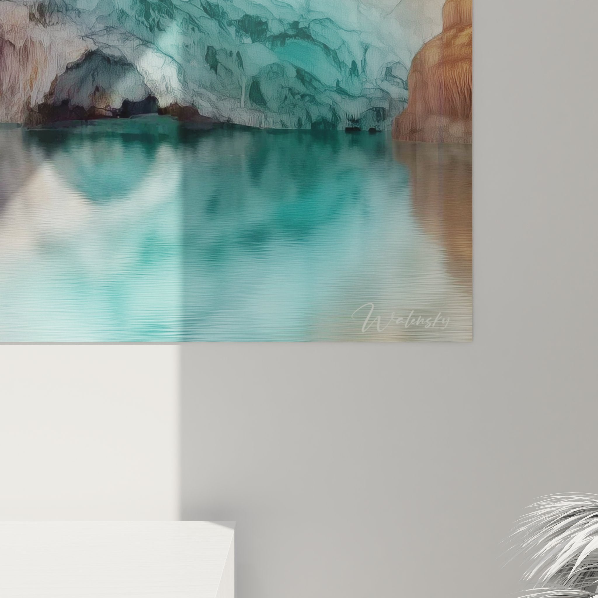 Vue ensemble tableau mural grotte naturelle colorée - art contemporain paysage souterrain mystique