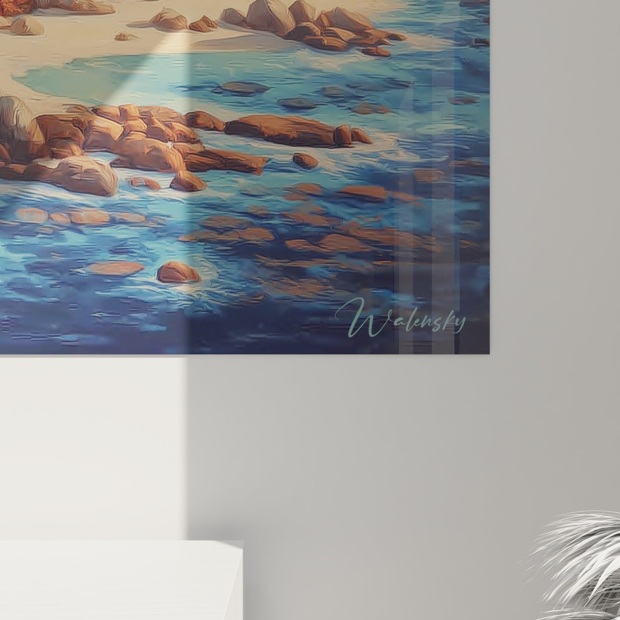 Vue d'ensemble tableau mural île paradisiaque, composition tropicale complète décorative