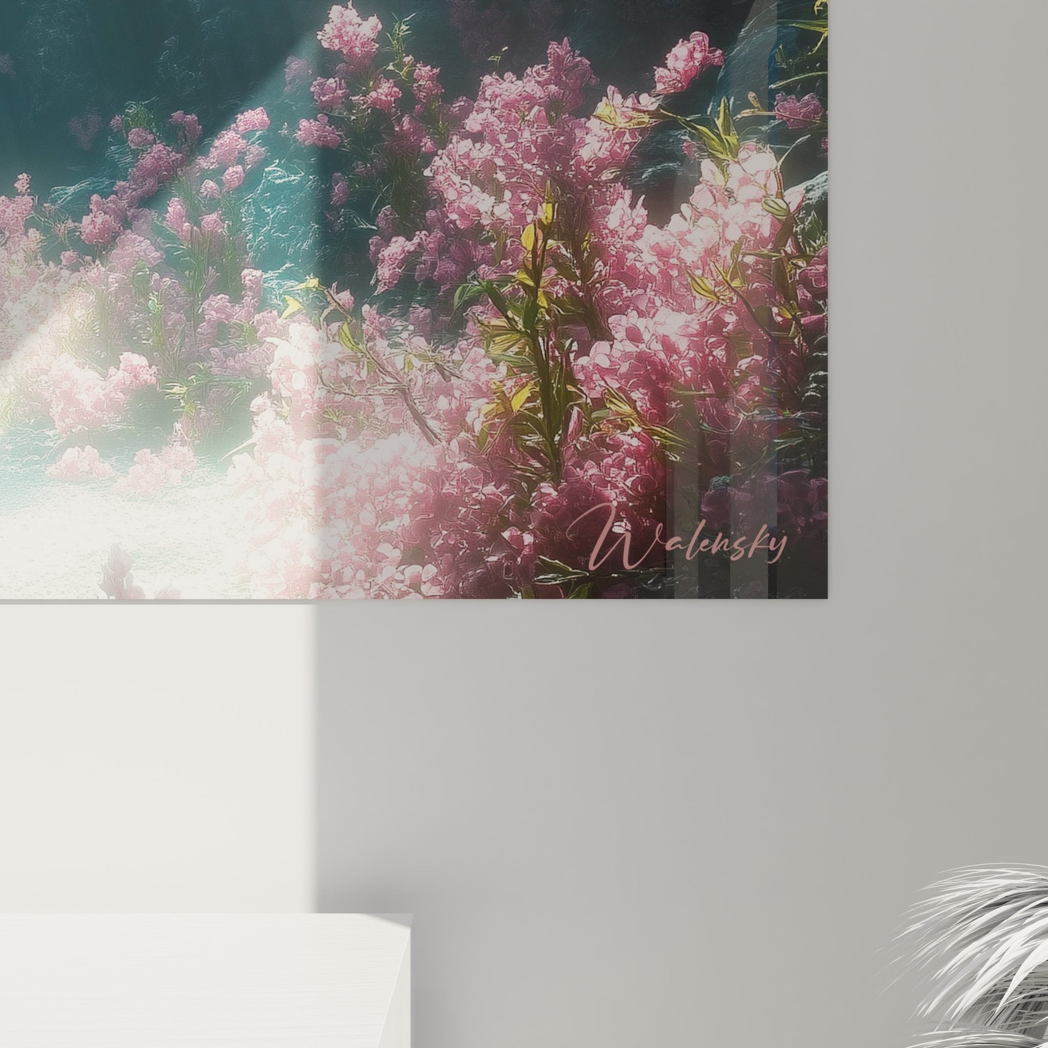 Vue ensemble tableau mural jardin aquatique fantastique avec rayons solaires et végétation corallienne