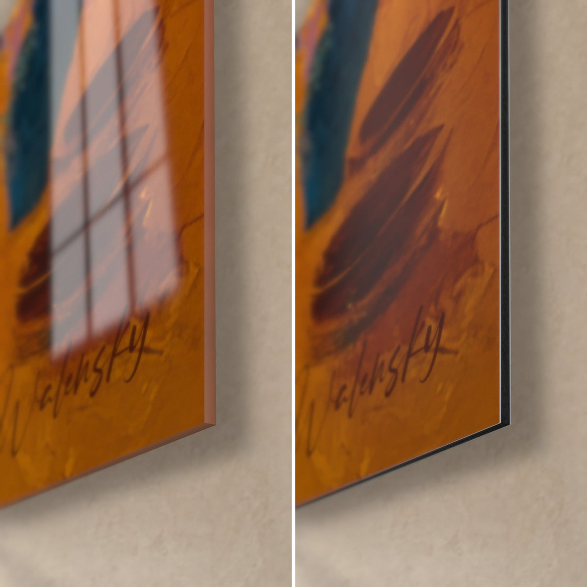 Gemälde mit blühendem Garten in dicker Pastellmalerei, ockerorange Ecke unten rechts mit Signatur, glänzendes Glas und mattes Dibond