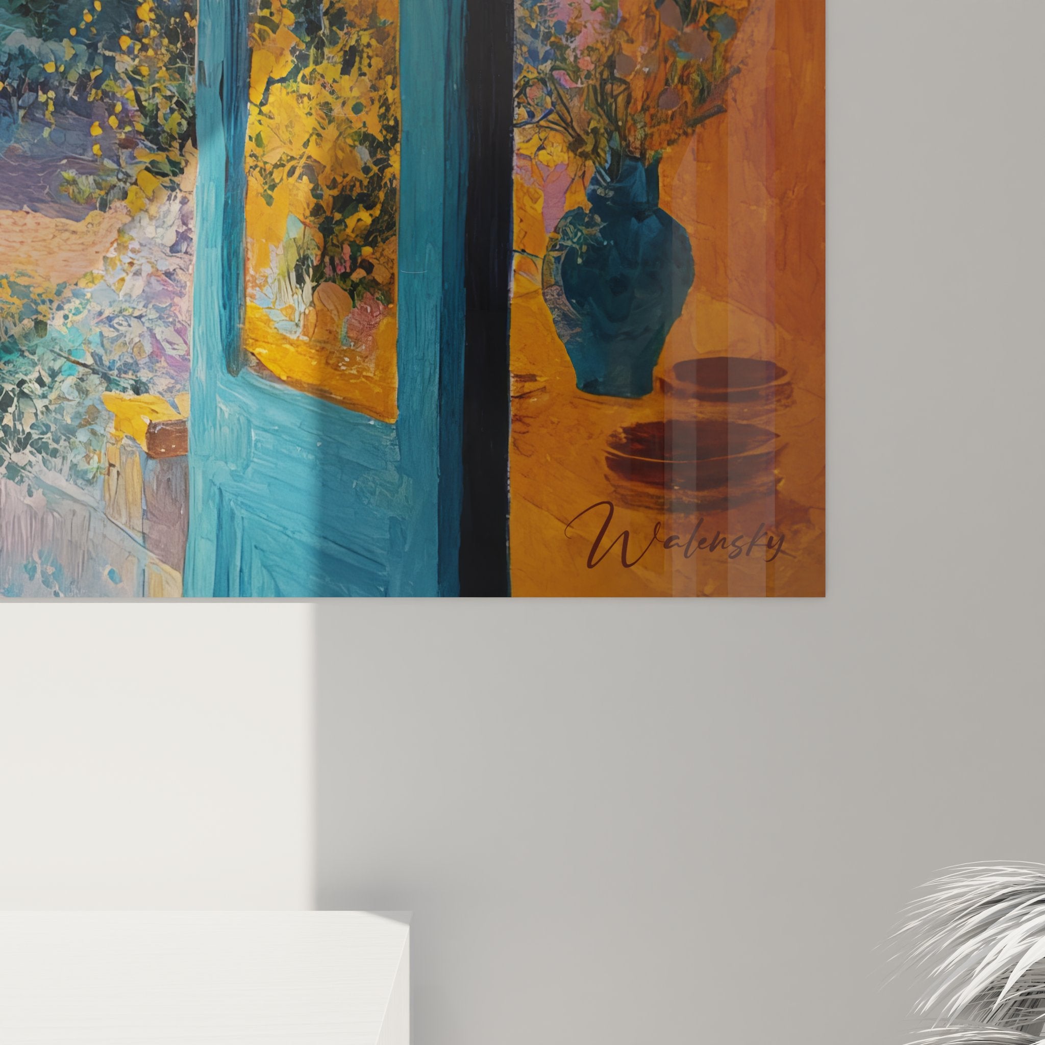 Vue ensemble tableau mural jardin depuis fenêtre art décoratif automne couleurs chaudes salon moderne