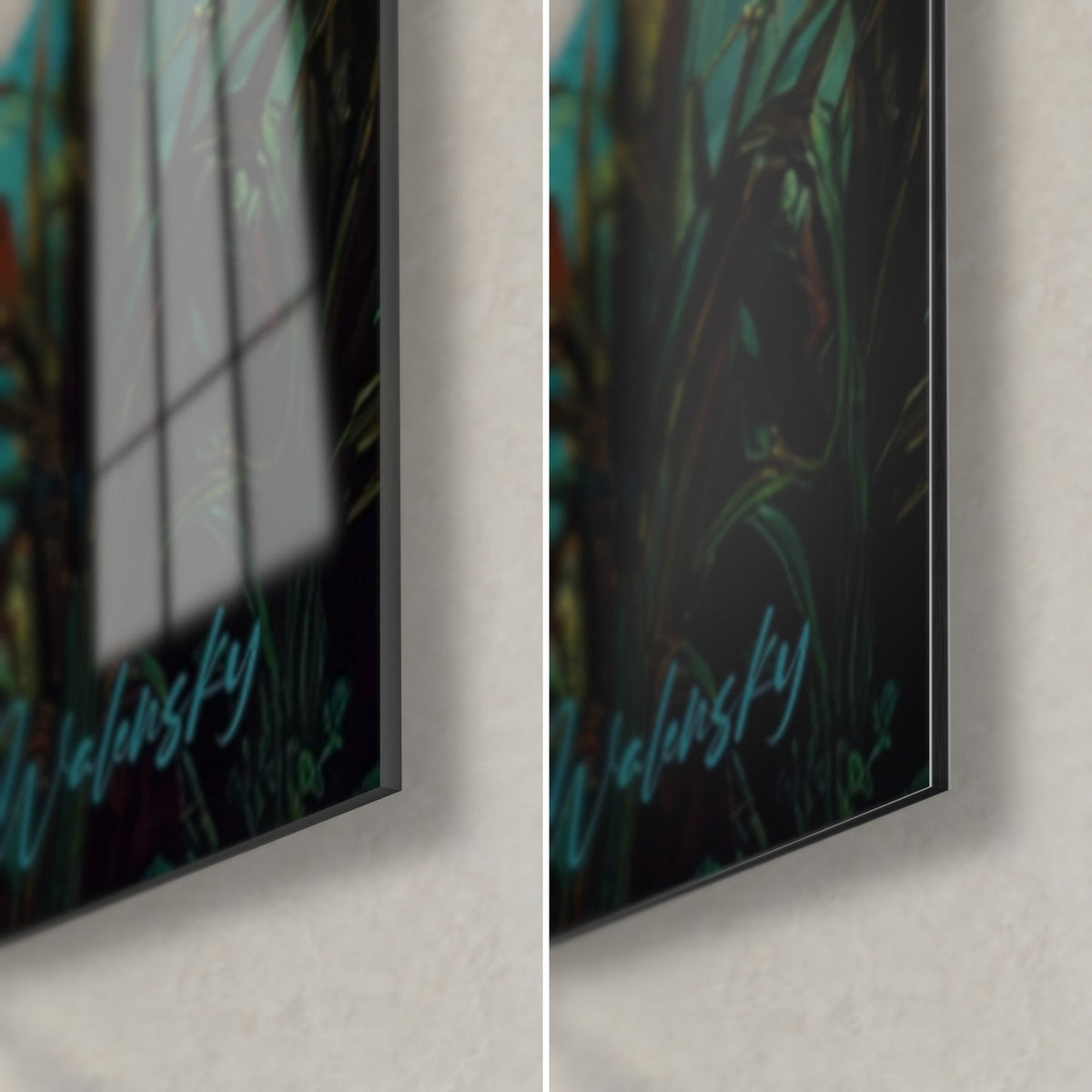 Tableau canopée équatoriale en turquoise et vert profond, signature bleutée en bas à droite, tranche de 3 mm, verre brillant et Dibond mat