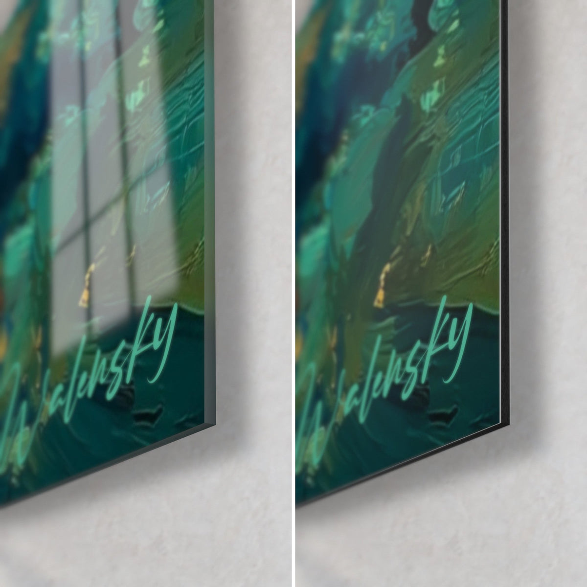 Tableau paysage lacustre turquoise et brun, coin bas droit : verre acrylique brillant et reflets, alu Dibond mat, tranche de 3 mm