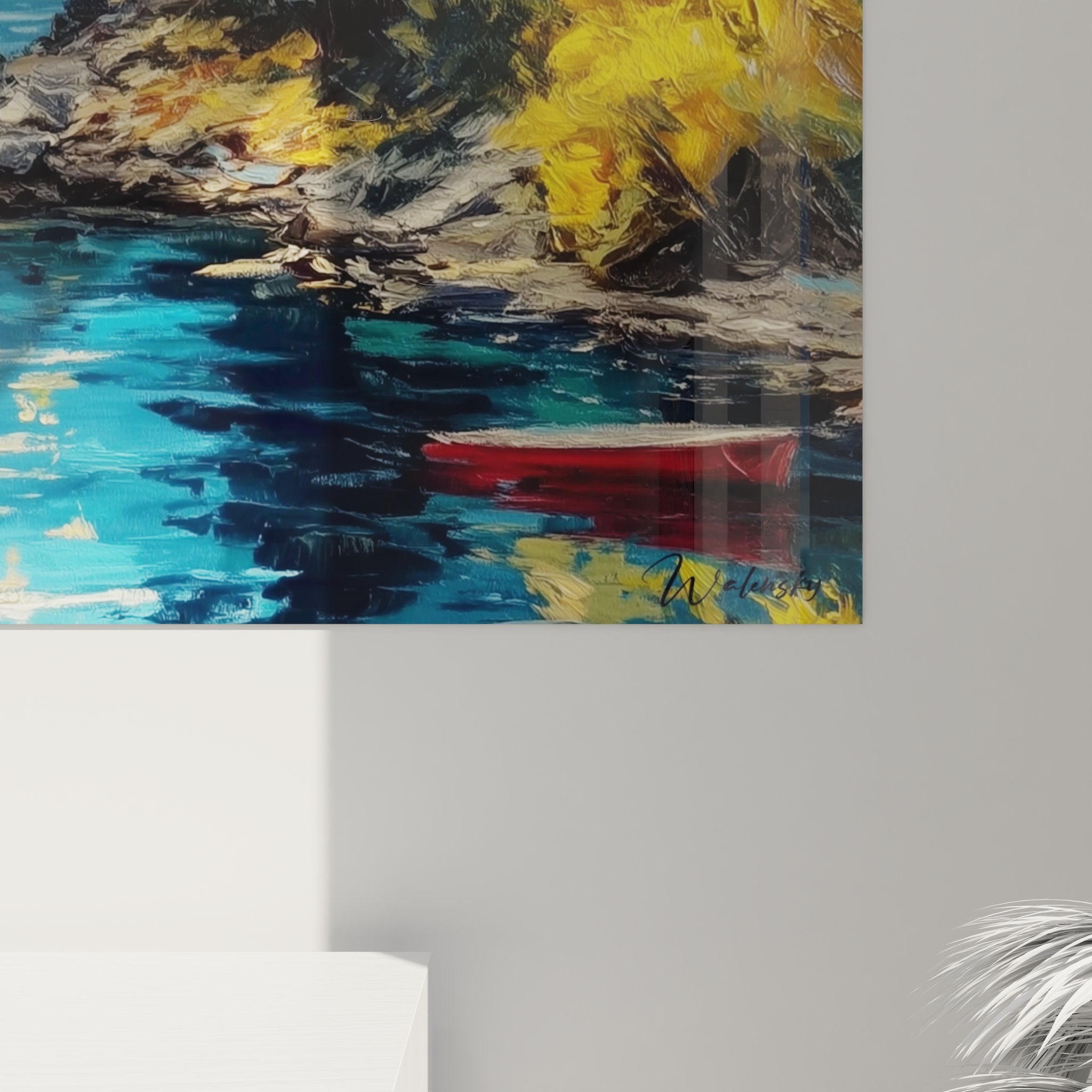 Vue d'ensemble tableau mural lac avec barque rouge et paysage montagnard complet