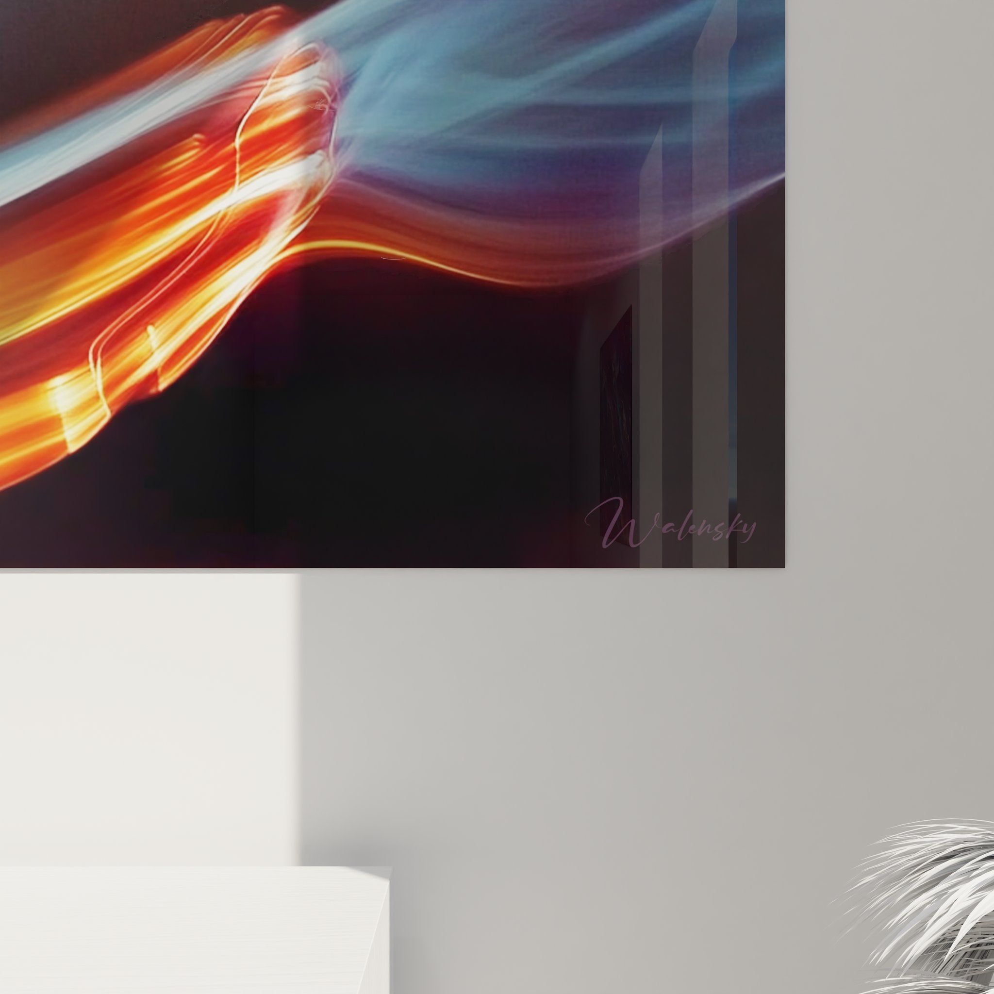 Vue ensemble tableau mural light painting flux abstrait onde lumineuse décoration contemporaine design