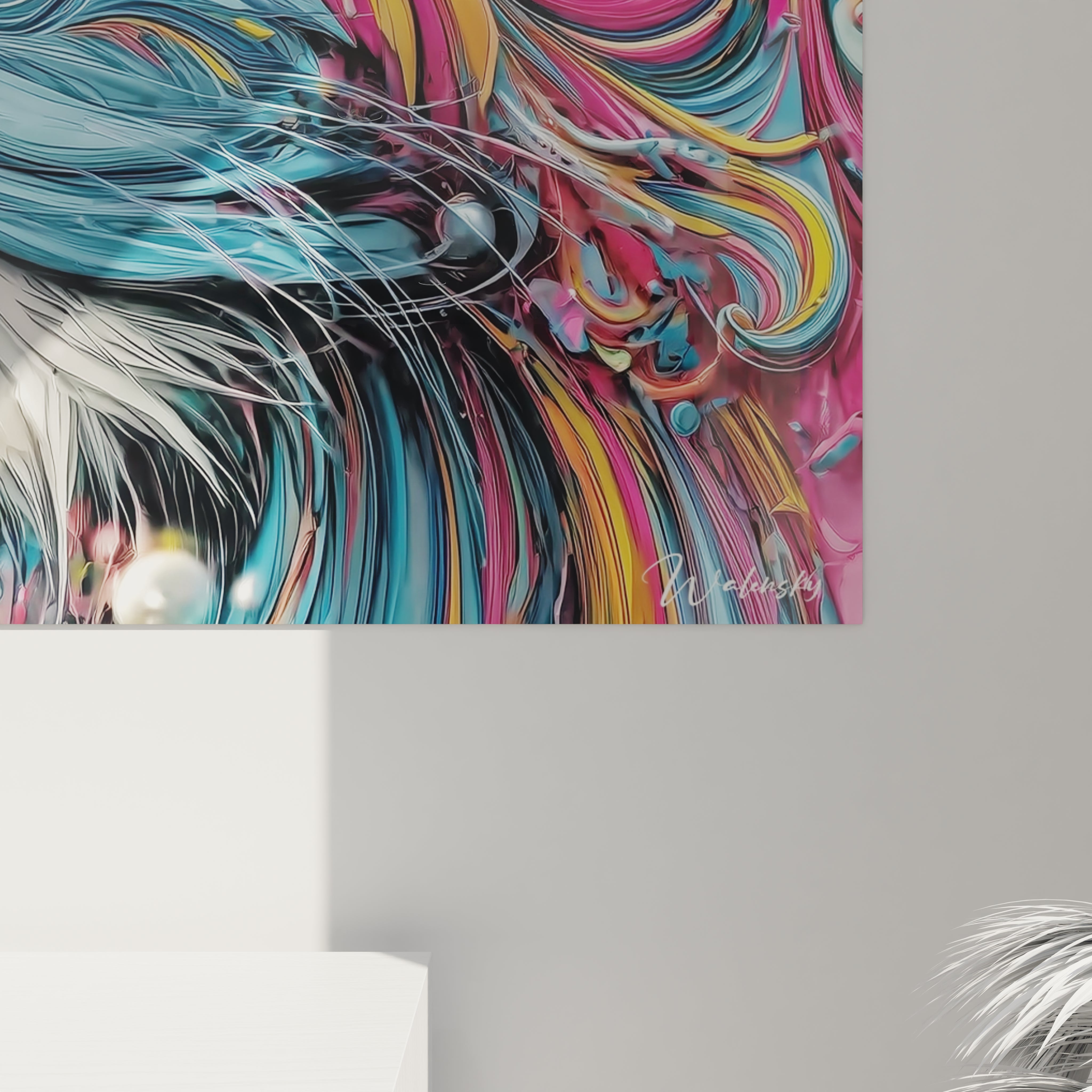 Vue ensemble tableau mural lion multicolore art contemporain décoration intérieure moderne