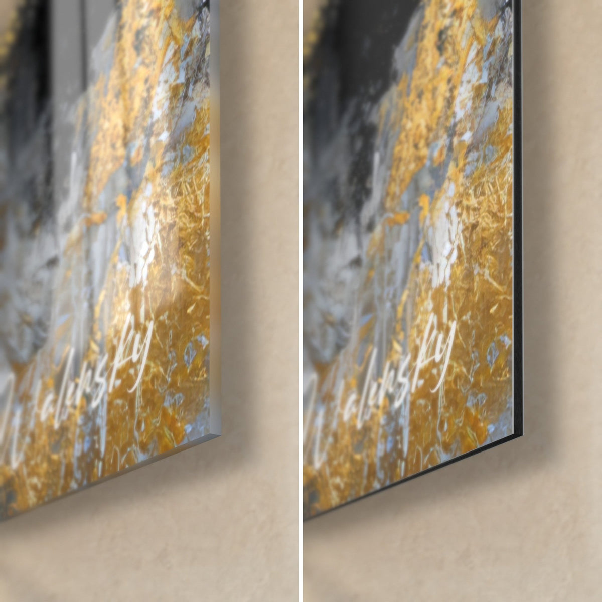 Gemälde goldener Himmelskörper mit Gold- und Silbergrau-Reif, untere rechte Ecke, glänzendes Acrylglas links, mattes Dibond rechts, 3 mm Stärke