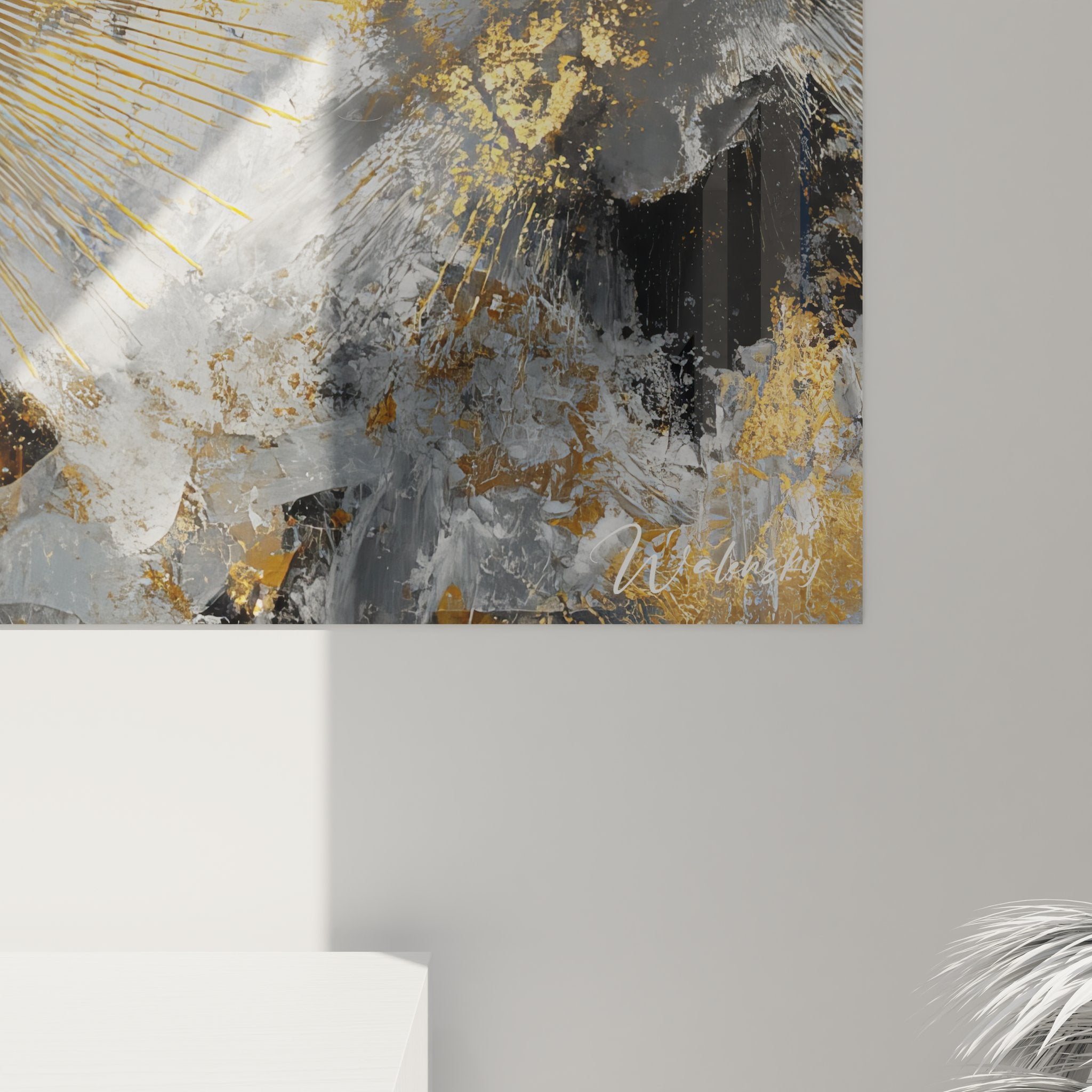 Vue ensemble tableau mural lune dorée moderne dans intérieur contemporain design