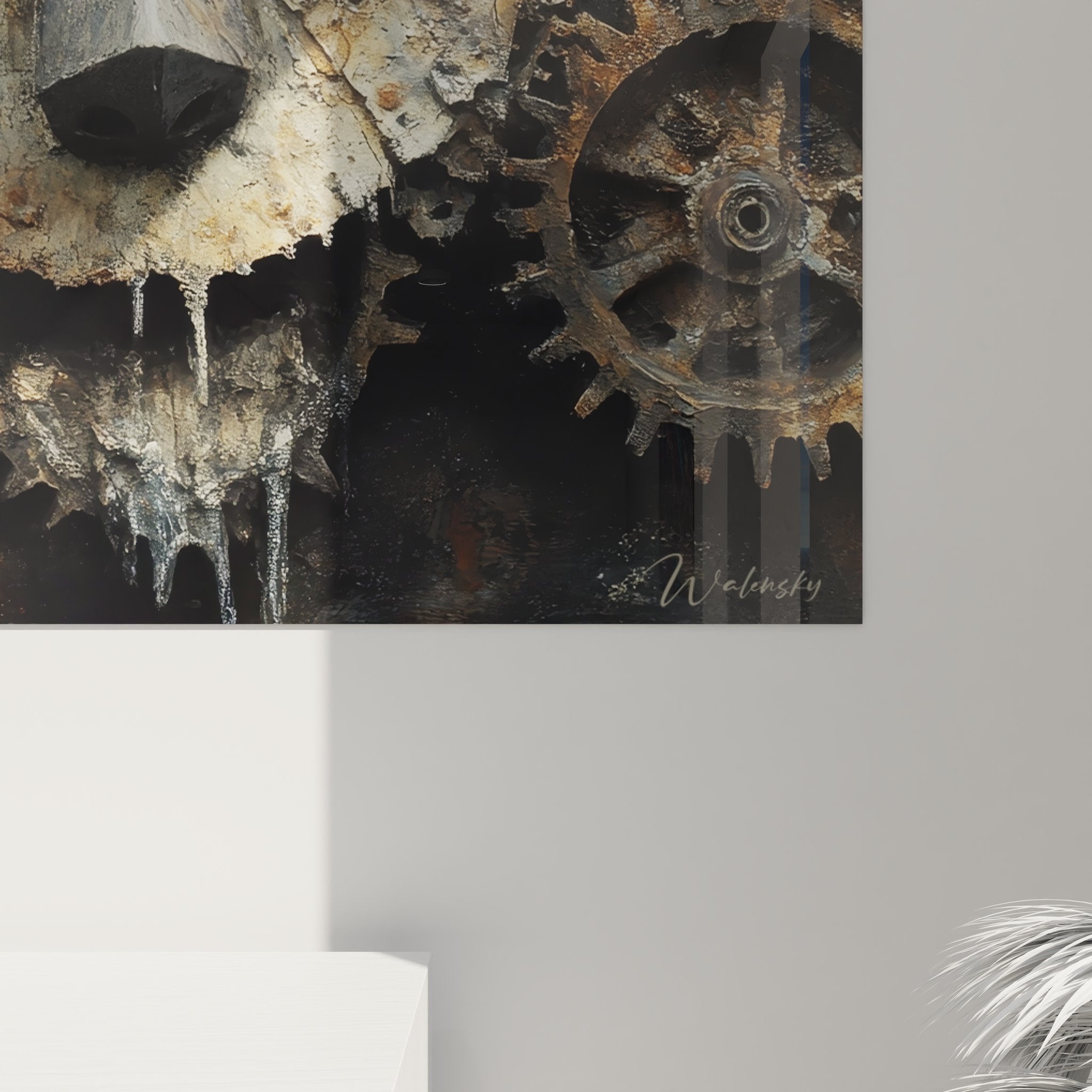 Vue d'ensemble du tableau mural machines et engrenages style steampunk dans décoration moderne