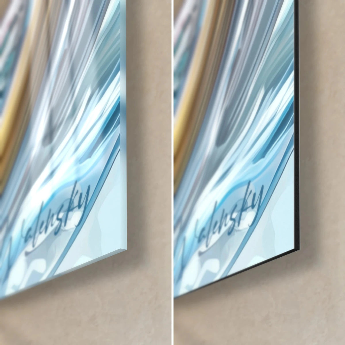 Wall art mammoth with turquoise and fuchsia fur, bottom right corner: glossy glass on the left, matte black Dibond on the right, 3 mm edge