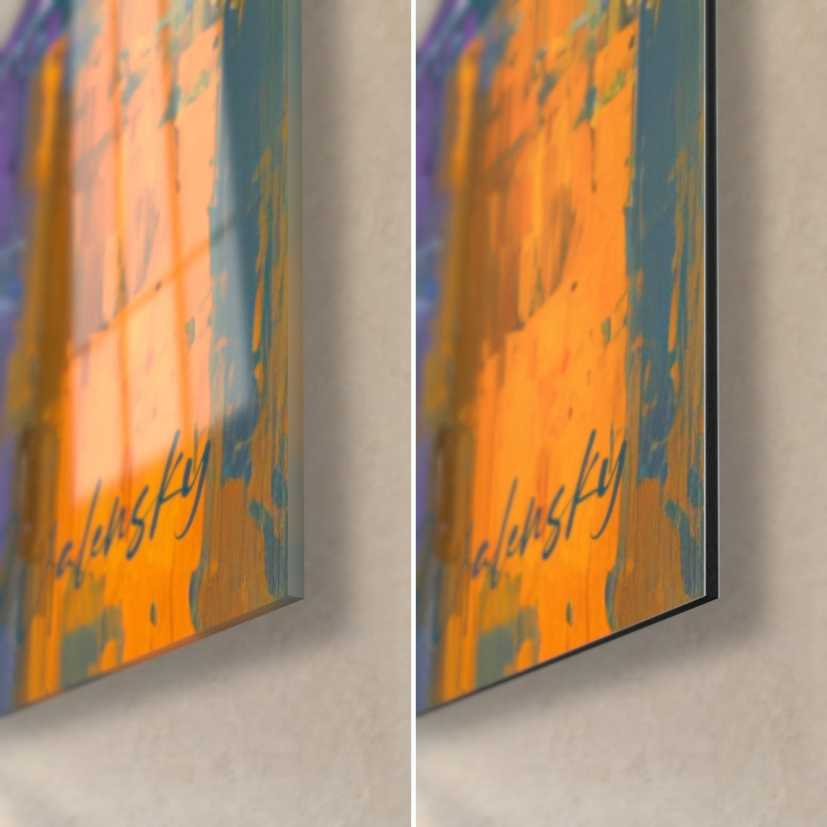 Tableau cabs jaunes de New York, coin bas droit : reflets orangés sur bleu-gris, signature, tranche de 3 mm, verre brillant et Dibond mat