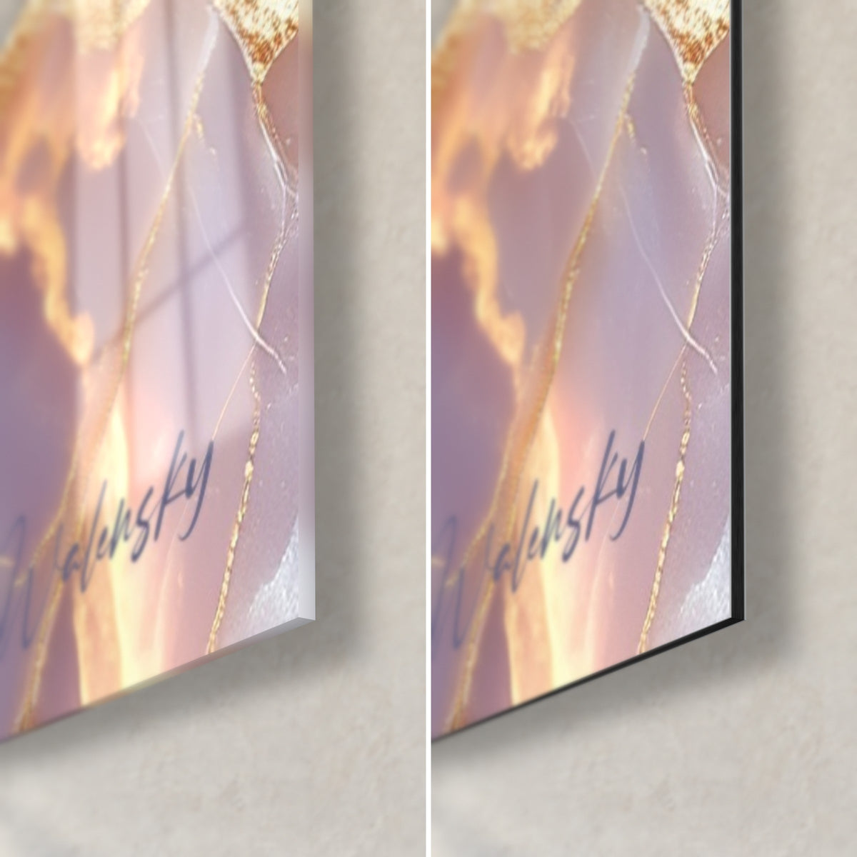 Gemälde abstraktes Marmorbild in Flieder und Gold, untere rechte Ecke: glänzendes Acrylglas links, mattes schwarzes Dibond rechts, 3 mm Kante
