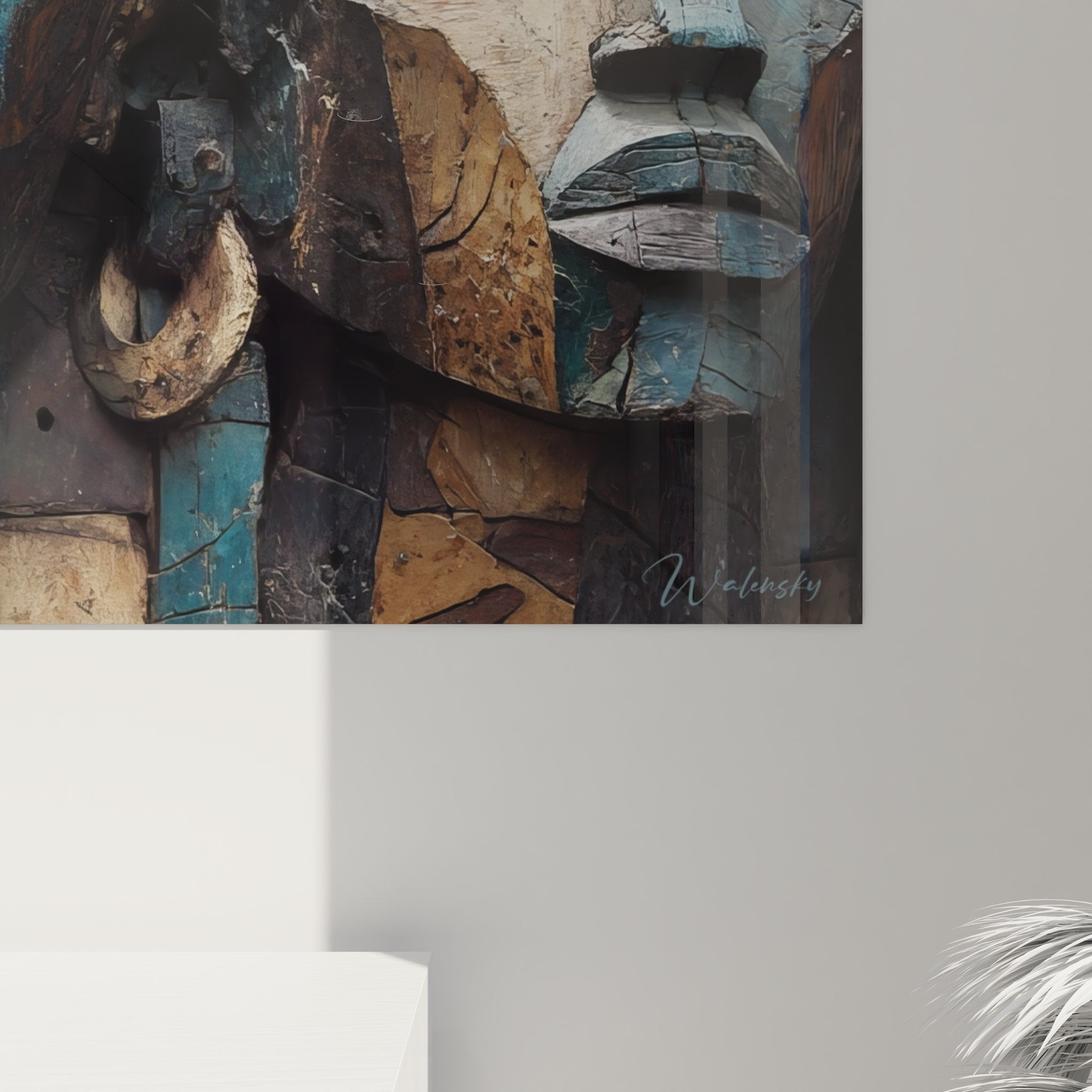 Vue ensemble tableau mural masque africain dualité visages sculptés art décoratif tribal contemporain