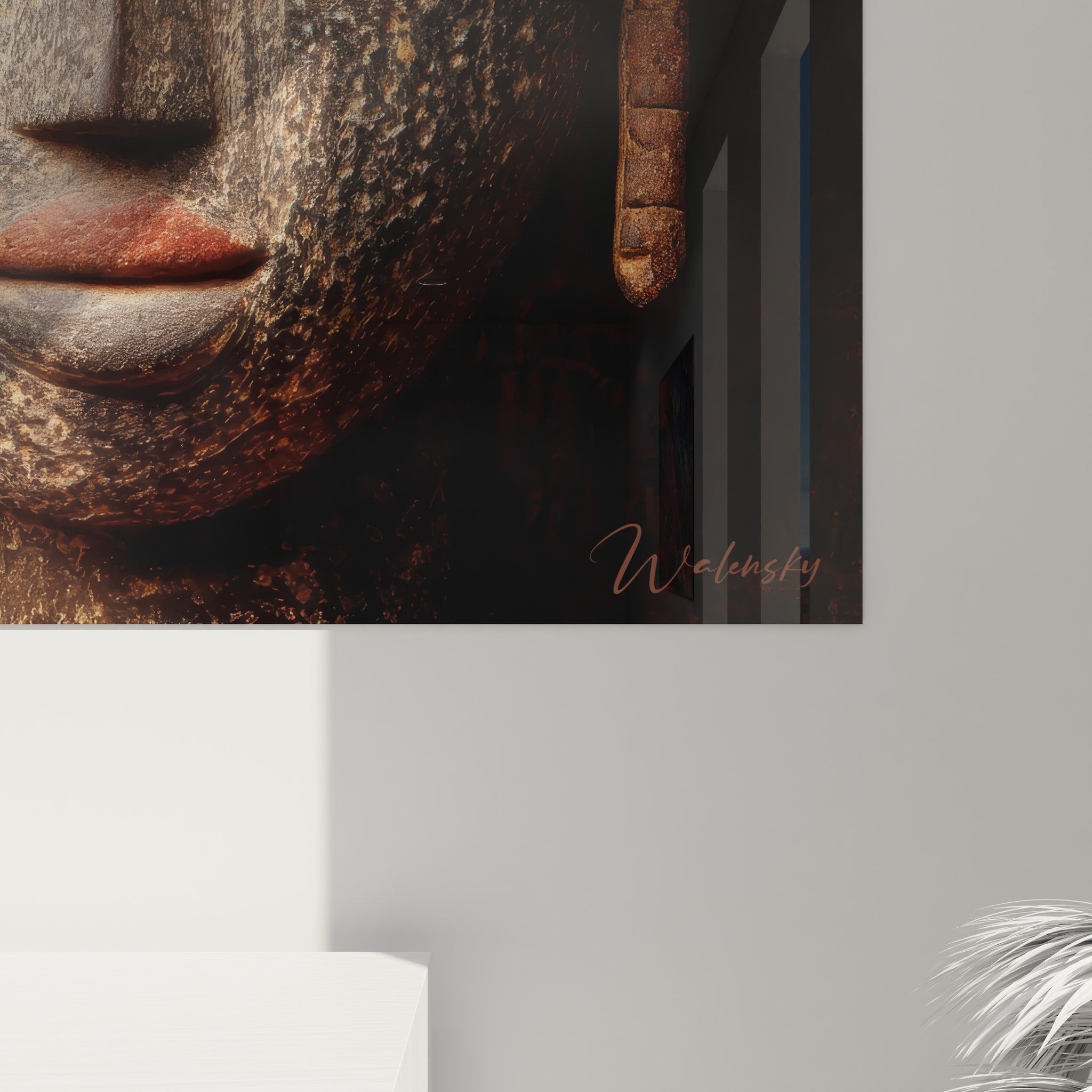 Vue d'ensemble tableau mural masque africain avec encadrement décoratif géométrique