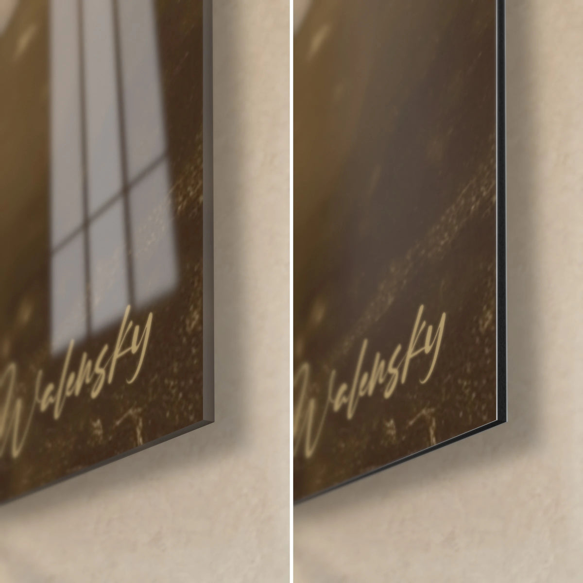 Gemälde Haifisch in Sepia, untere rechte Ecke: goldene Walensky-Signatur auf glänzendem Acrylglas und mattschwarzem Dibond-Alu, 3 mm Kante