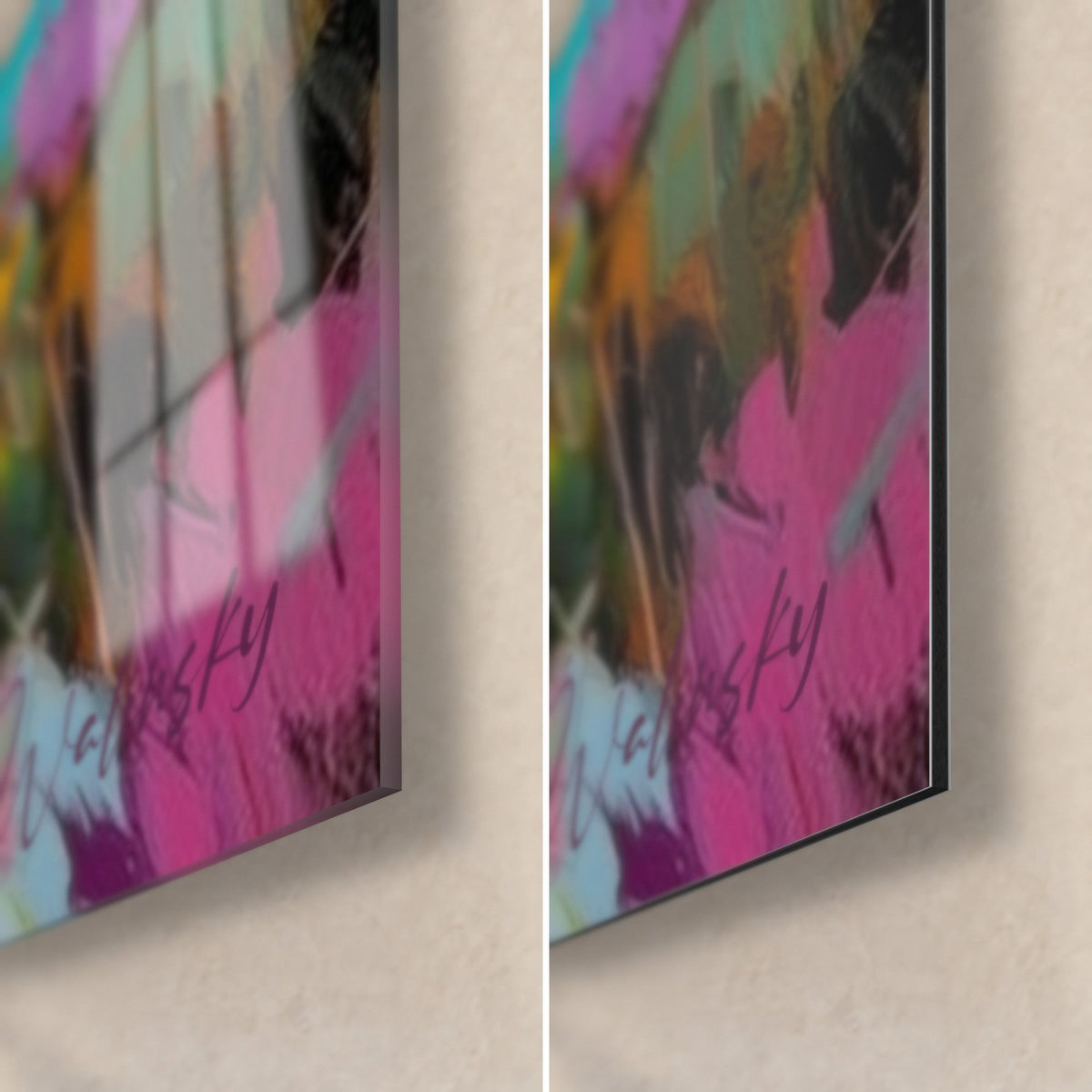 Tableau arbre sur falaise au couchant, coin bas droit en verre brillant et Dibond mat rose fuchsia, tranche 3 mm