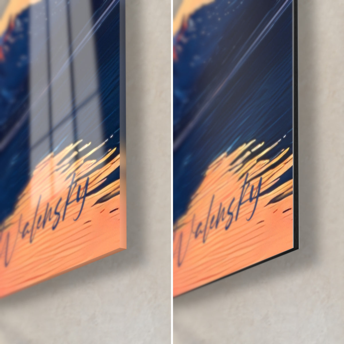 Gemälde pixelierter Gipfel in Orange und Blau, Walensky-Signatur unten rechts, glänzendes Glas links, mattes Dibond rechts
