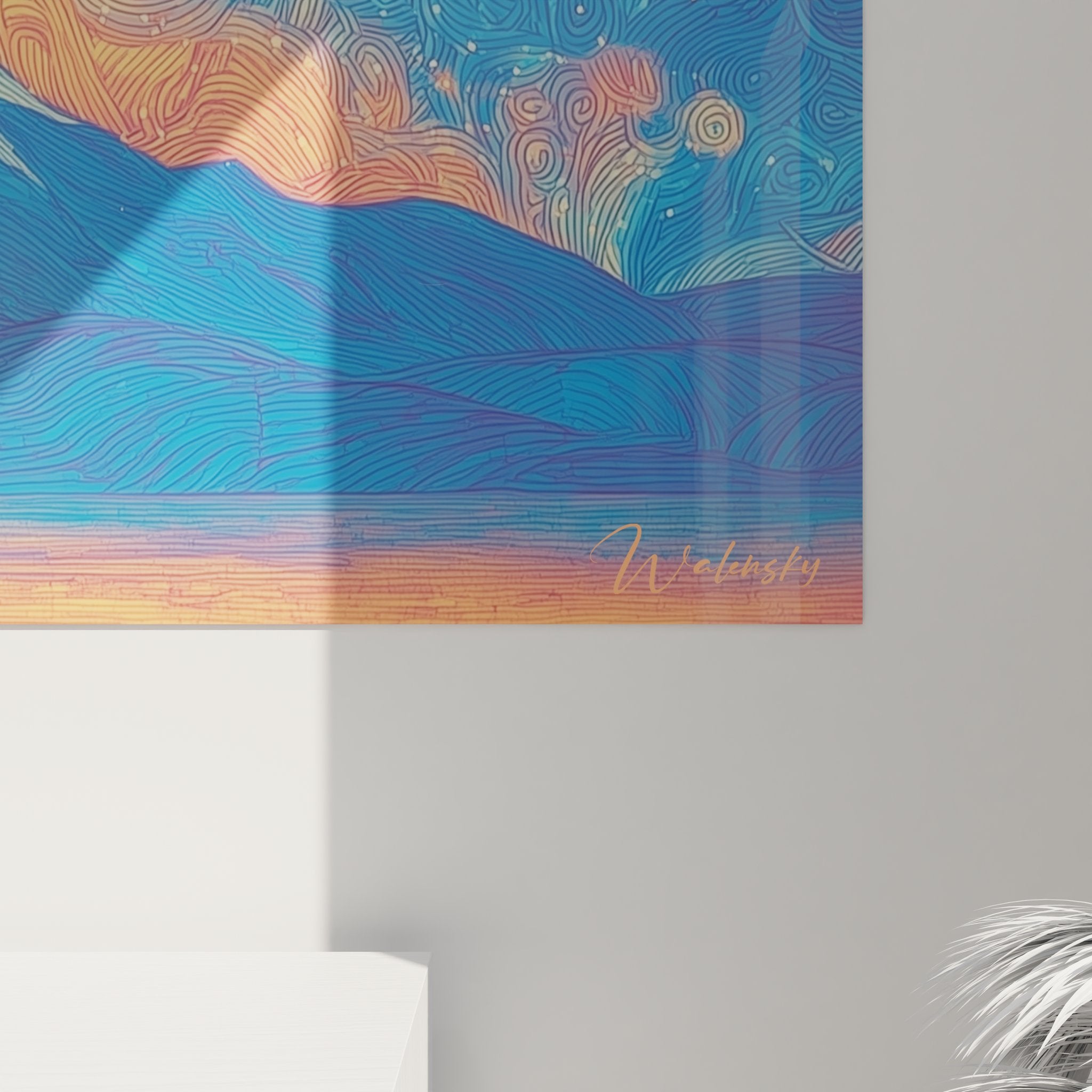 Vue ensemble tableau mural montagne cosmique spirales, œuvre art décoratif pour intérieur contemporain