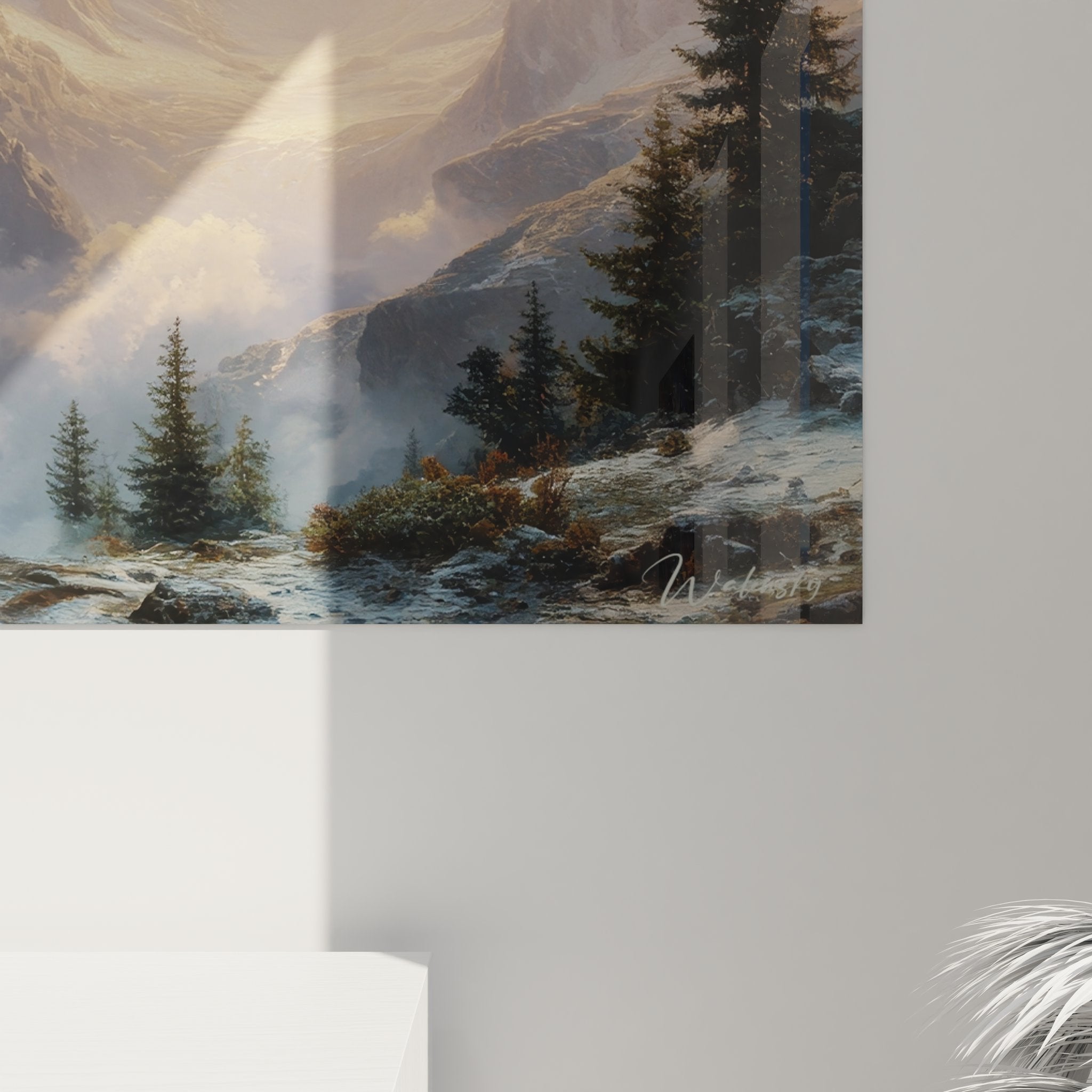 Vue ensemble tableau mural montagne dans intérieur moderne avec éclairage naturel