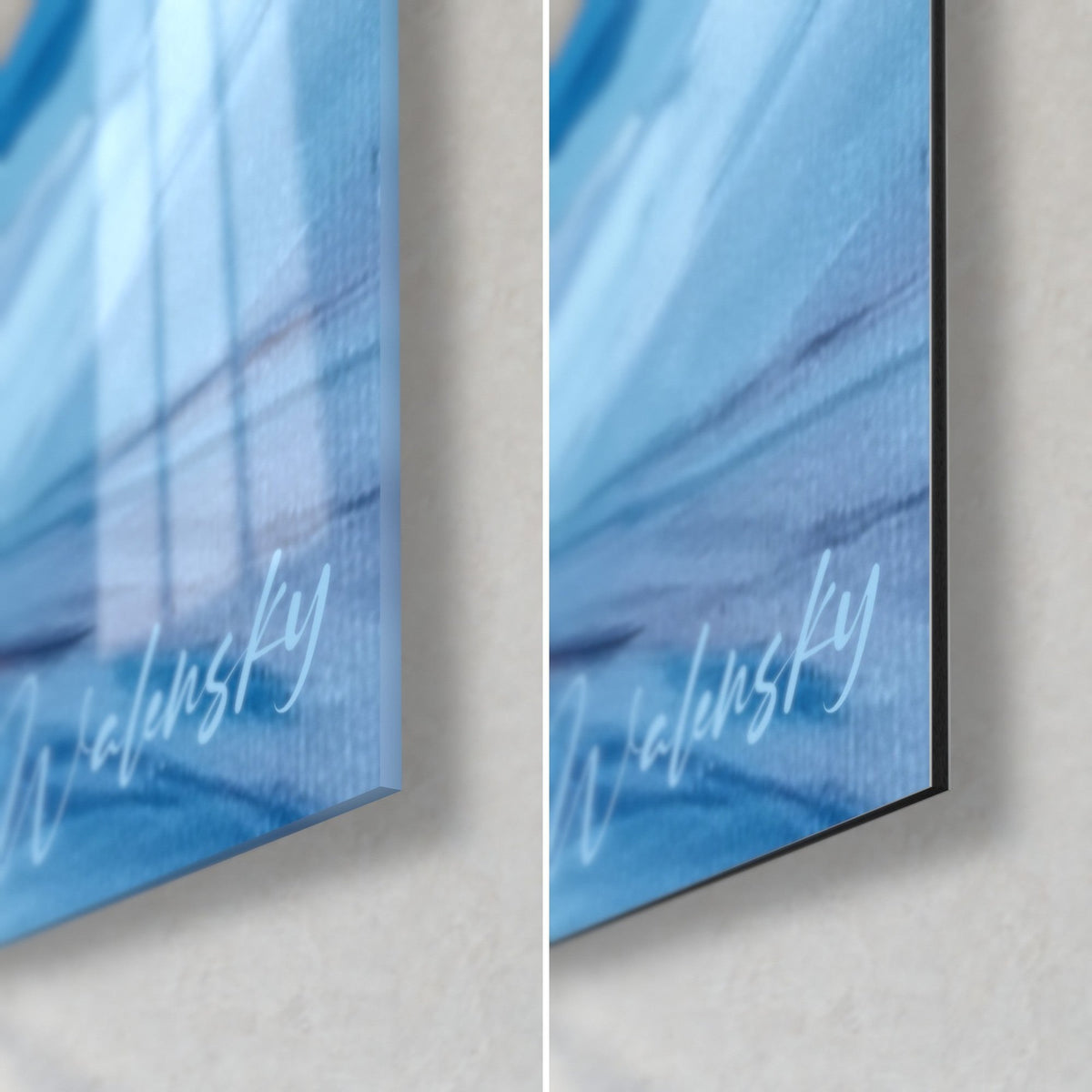 Wall art icy summit in blue and white impasto strokes, bottom right corner, glossy acrylic glass and matte Dibond aluminium, 3 mm thickness