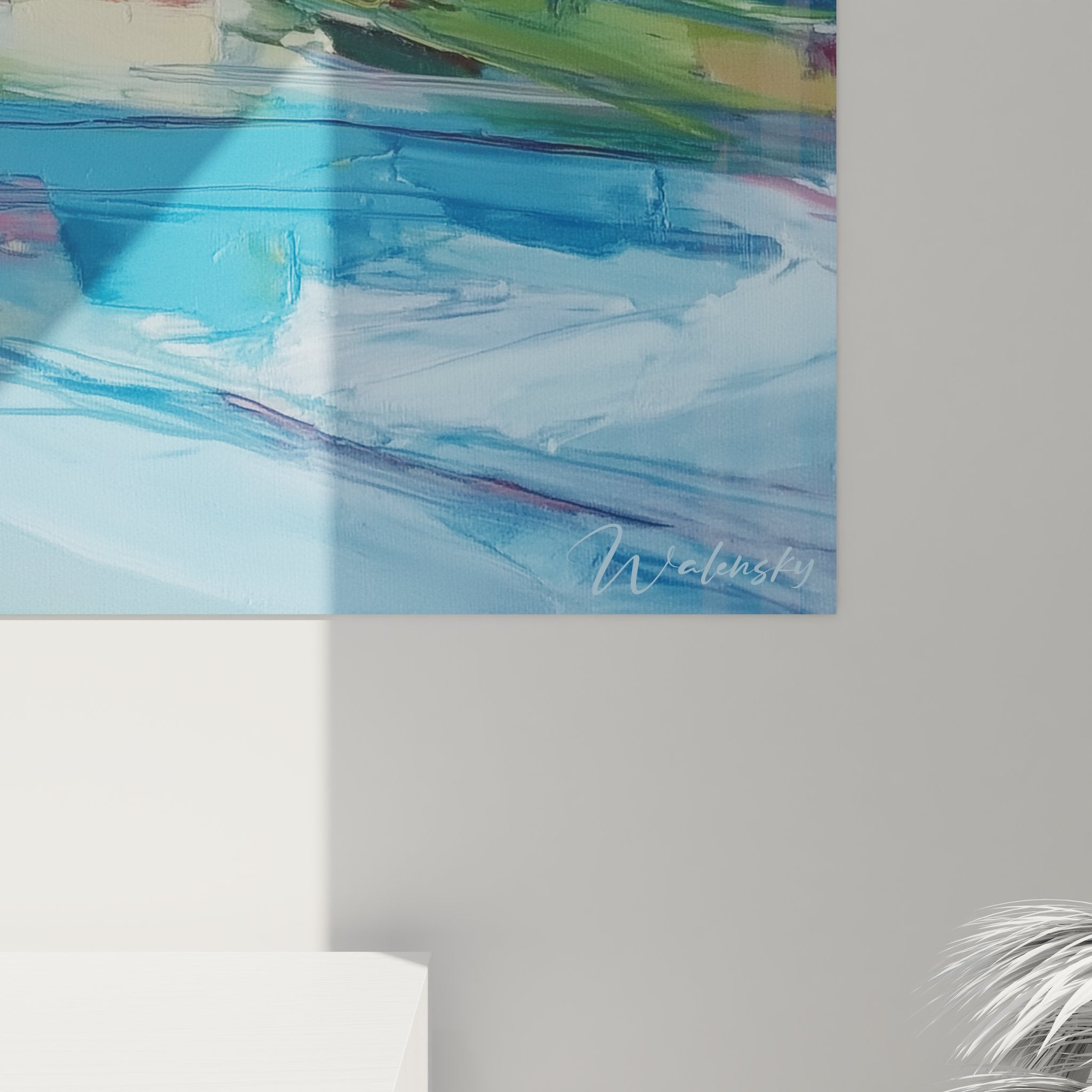 Vue ensemble tableau mural montagne lac, paysage alpin décoratif moderne tons bleus pour intérieur