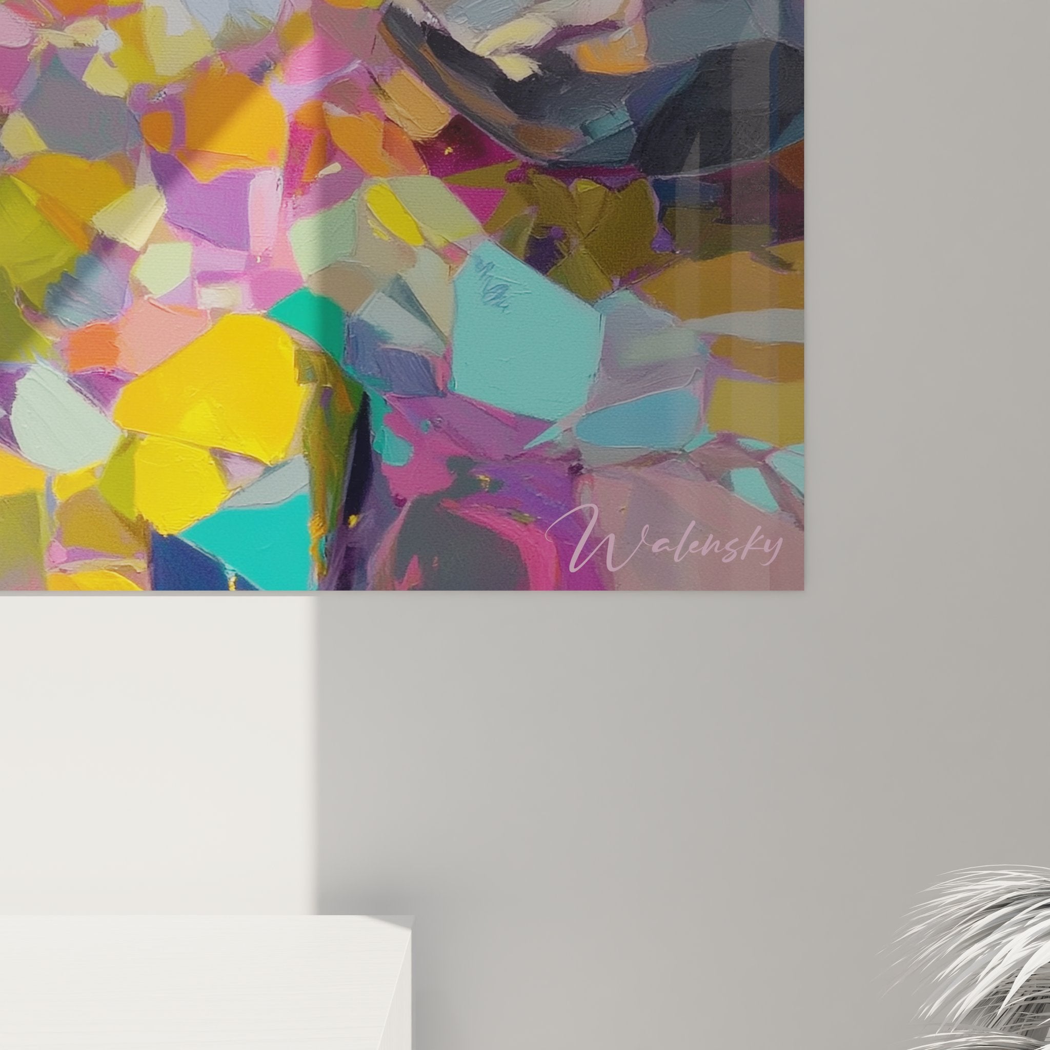 Vue ensemble tableau mural montagne lac avec couleurs vibrantes et paysage alpin stylisé