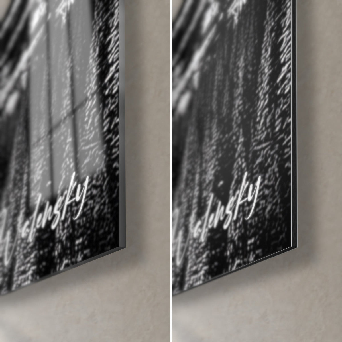 Wall art Black and white alpine summits, bottom right corner: glossy acrylic glass on the left, matte grey Dibond aluminum on the right, 3 mm edge