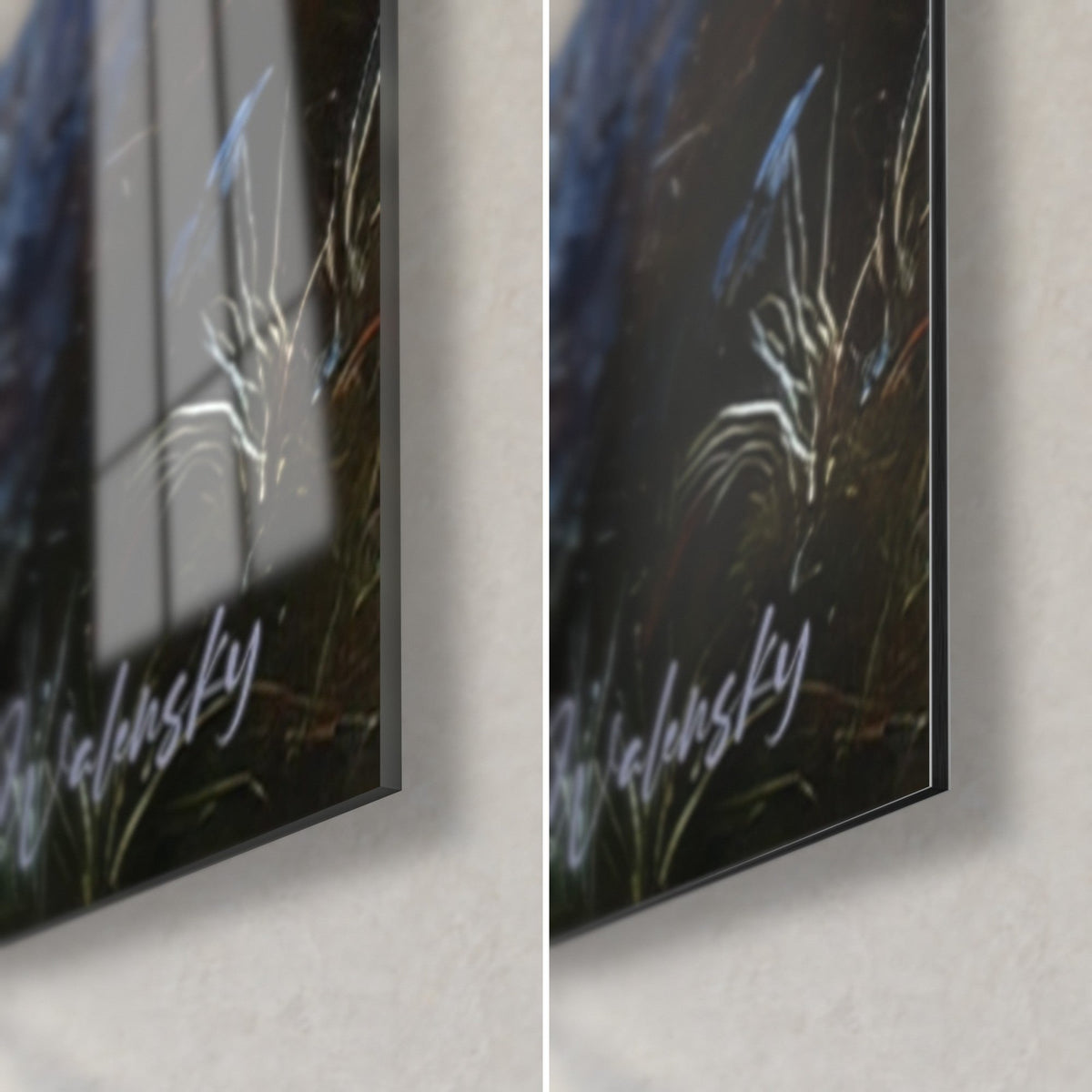 Quadro di catena montuosa, angolo in basso a destra: firma Walensky, erba dorata su fondo blu notte, vetro lucido e Dibond opaco