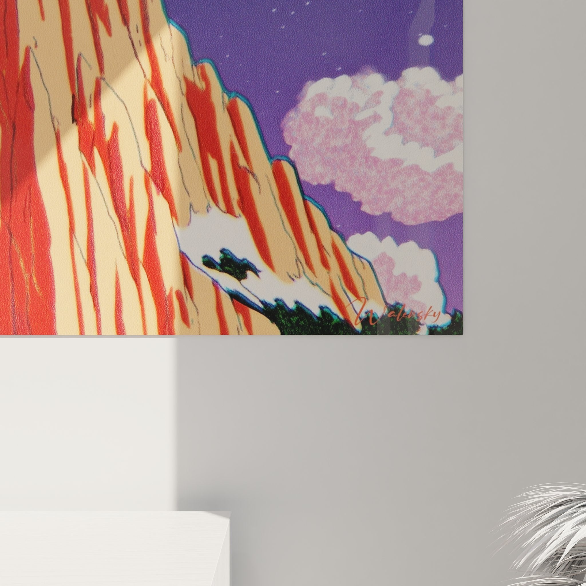 Vue ensemble tableau mural montagne rouge étoilée - art décoratif paysage nocturne avec lune et nuages roses