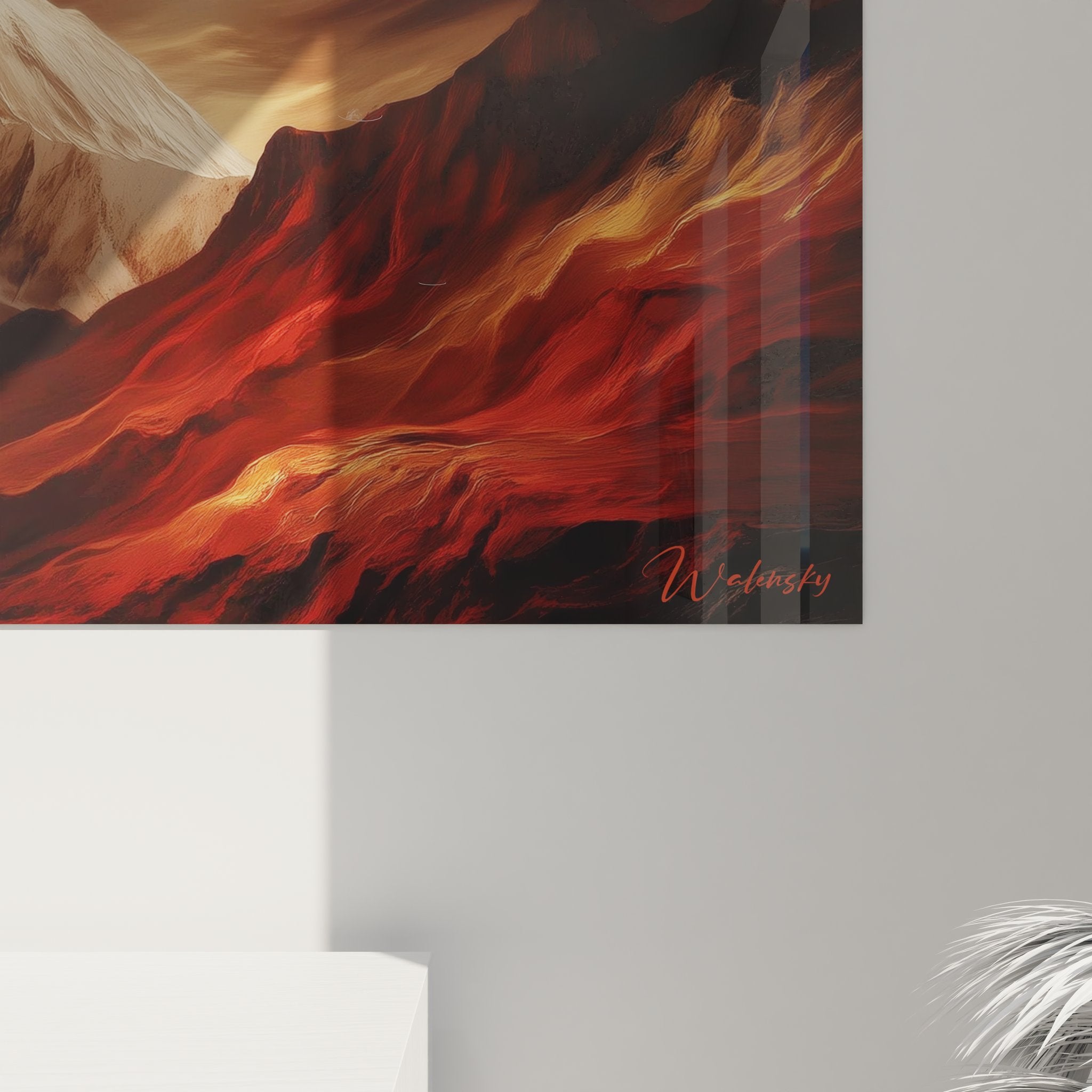 Vue ensemble tableau mural montagne, sommet enneigé dans salon moderne et lumineux