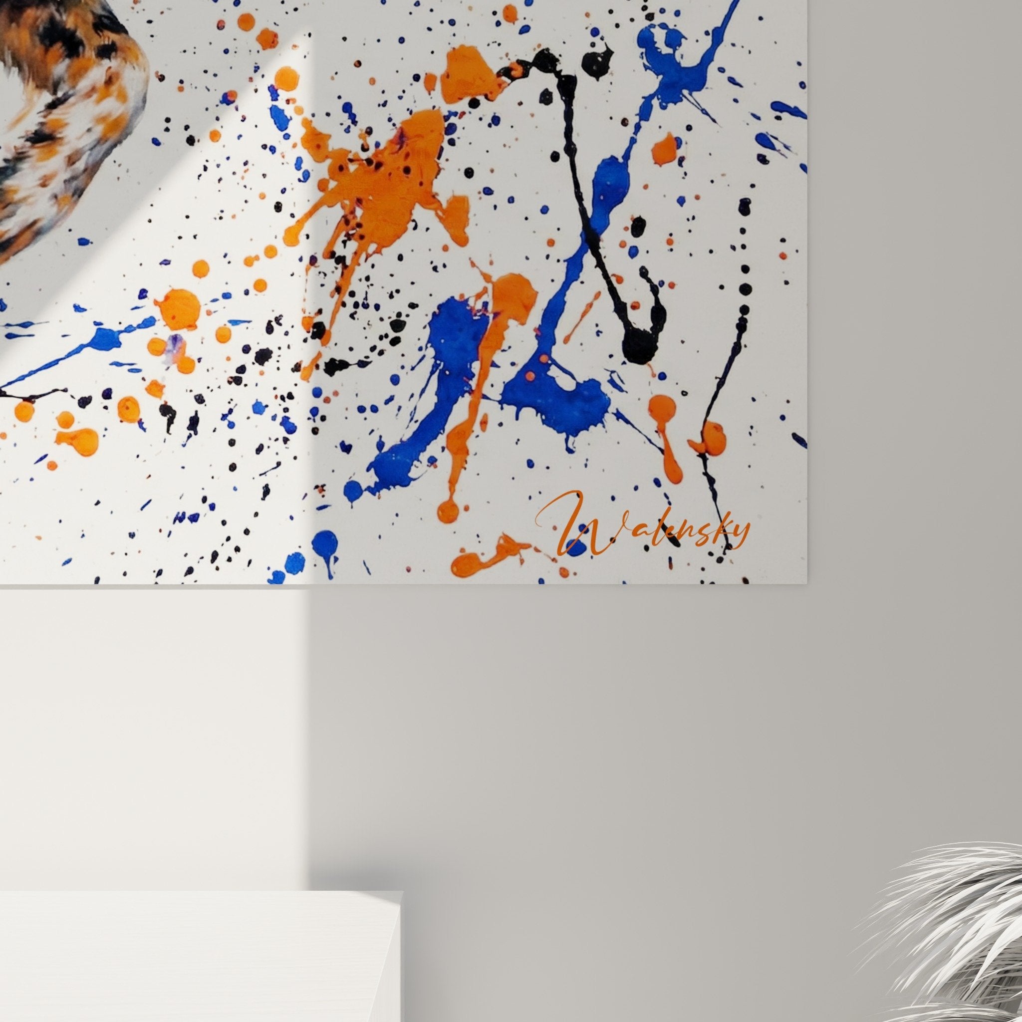 Overall view of mudi jumping wall art contemporary art multicolored splashes modern decor