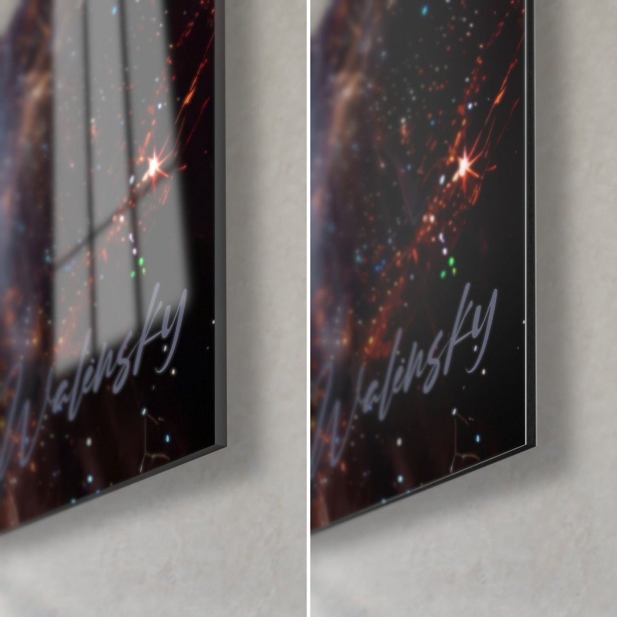 Tableau étoiles éclatantes sur fond brun cuivré, coin bas droit en verre brillant à reflets et alu Dibond mat, tranche de 3 mm