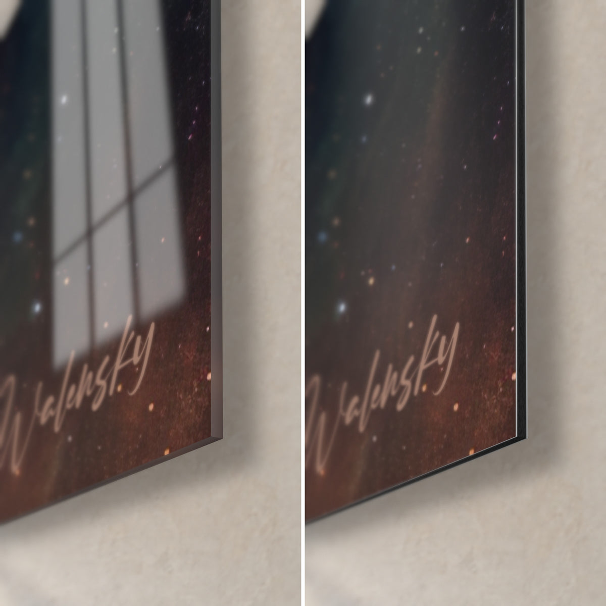 Schilderij sterrenhemel in zwart en amber, Walensky-signatuur, rechtsonder: glanzend glas links, mat Dibond, rand van 3 mm