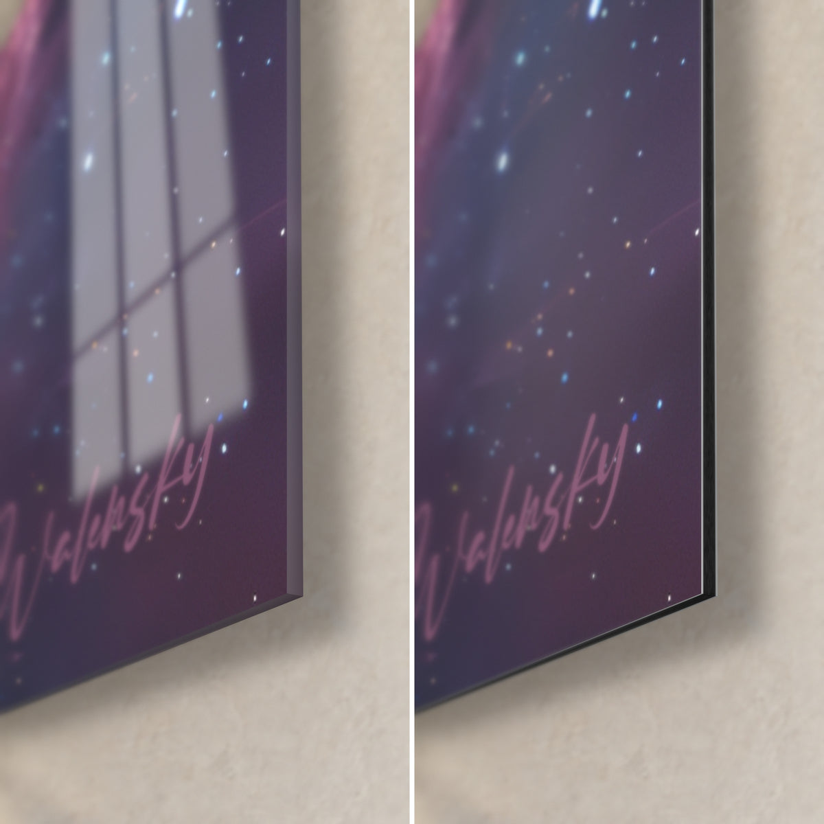 Tableau ciel d'étoiles violet et bleu, coin bas droit : verre acrylique brillant et reflets, alu Dibond mat, tranche de 3 mm