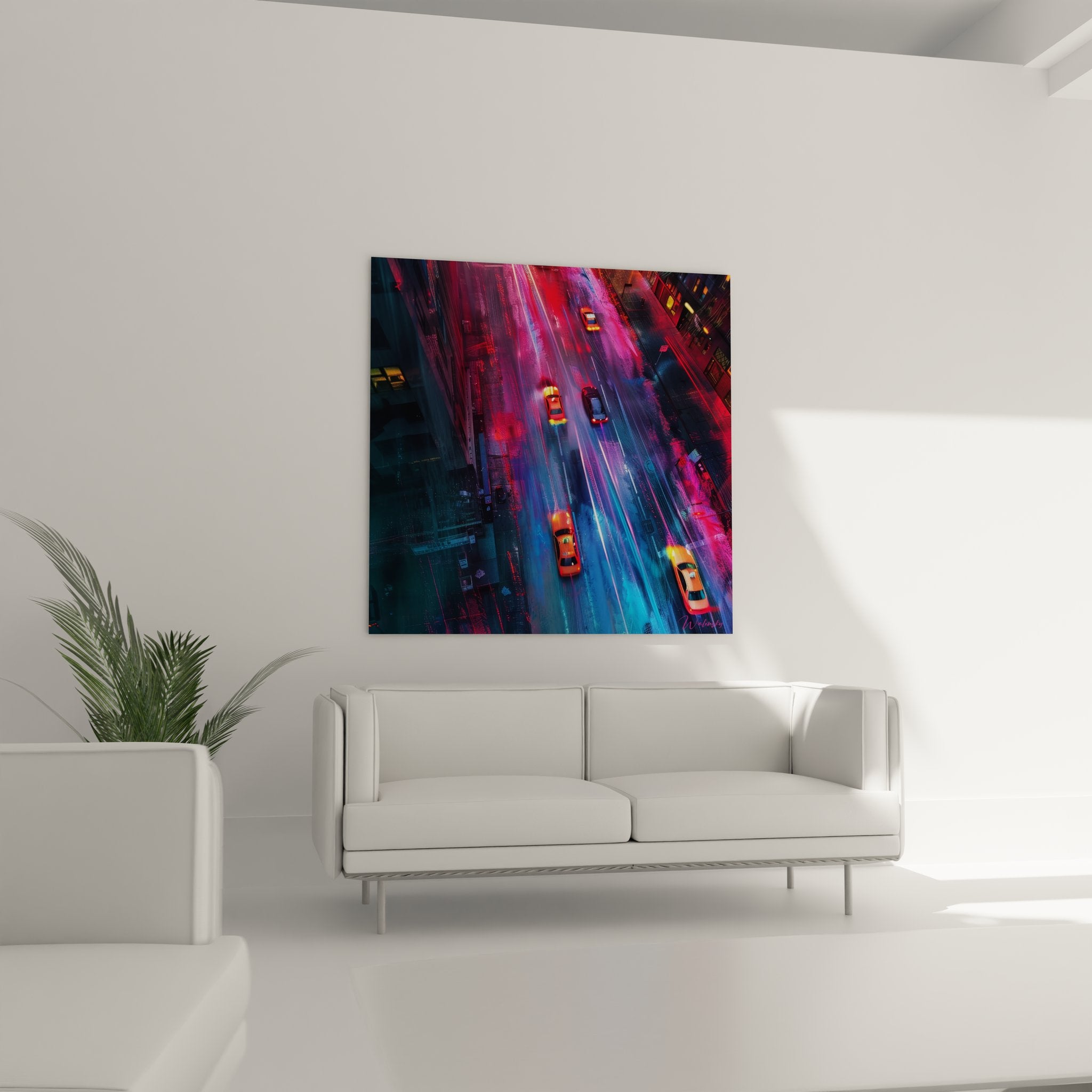 Vue ensemble tableau mural New York nocturne aérien avec effets lumineux néon déco moderne