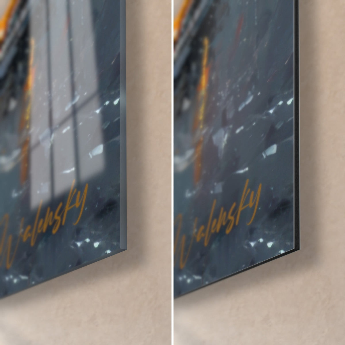 Gemälde einer Passantin im roten Mantel, untere rechte Ecke aus glänzendem Acrylglas und matt gebürstetem Dibond, goldene Signatur