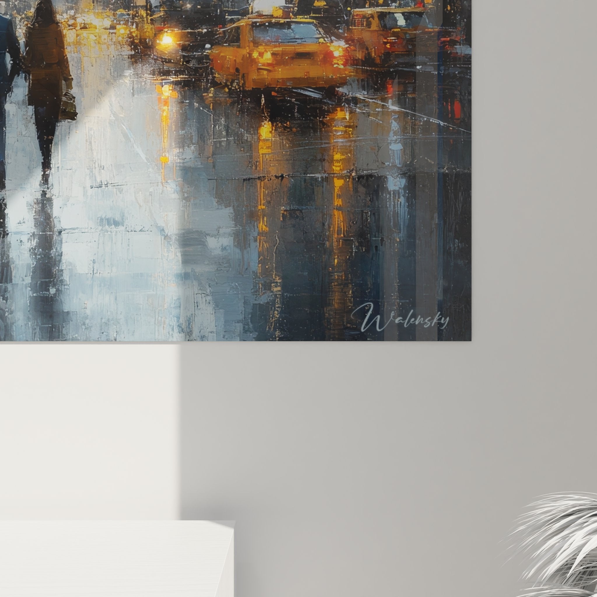 Vue d'ensemble tableau mural urbain New York avec scène de rue pluvieuse et architecture gothique