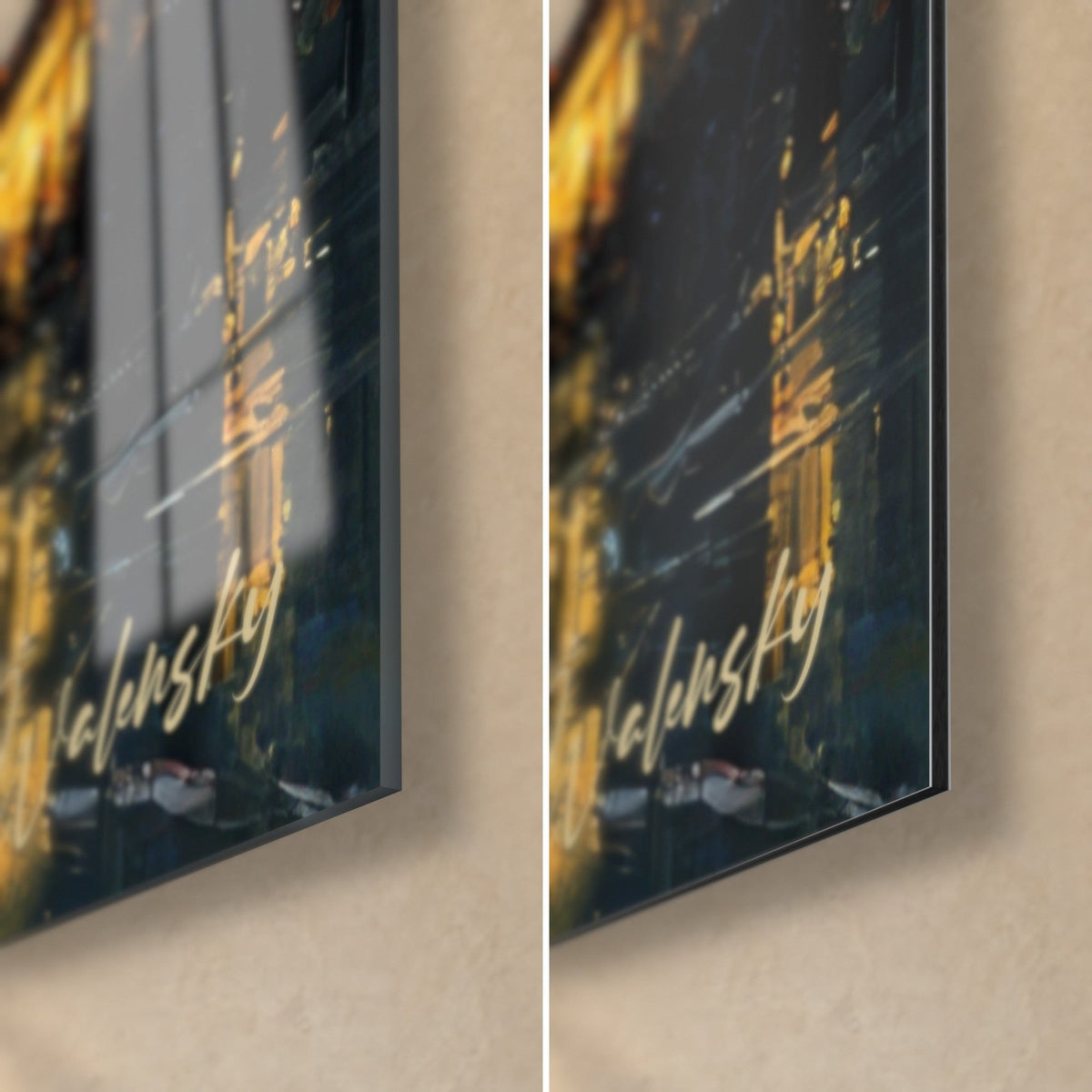 Gemälde New Yorker Straße im Regen, unten rechts in goldenen Buchstaben auf Nachtblau signiert, glänzendes Glas und mattes Dibond